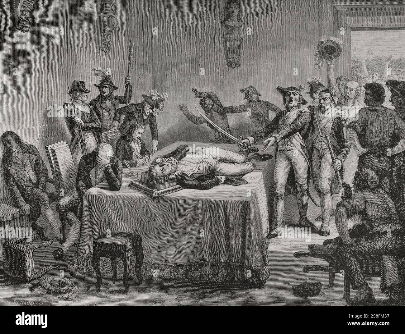 Maximilien Robespierre (1758-1794). Französischer Schriftsteller, Anwalt und Politiker. Einer der Führer der Französischen Revolution. Am frühen Morgen des 10. Thermidor (28. Juli) drangen Soldaten der Konvention in die Hôtel de Ville in Paris ein, wo Robespierre ein Dekret unterzeichnete, das die Kommune zu Waffen aufrief. Als er die Ankunft der Truppen hörte, beging Le Bas Selbstmord mit einer Pistole. Robespierre hatte angeblich versucht, dasselbe zu tun, aber die Kugel zerschlug seinen Kiefer und ließ ihn schwer verwundet zurück. Um 9 Uhr wurden Robespierre, Saint-Just und Couthon vor das Revolutionsgericht gebracht, das Th verurteilte Stockfoto