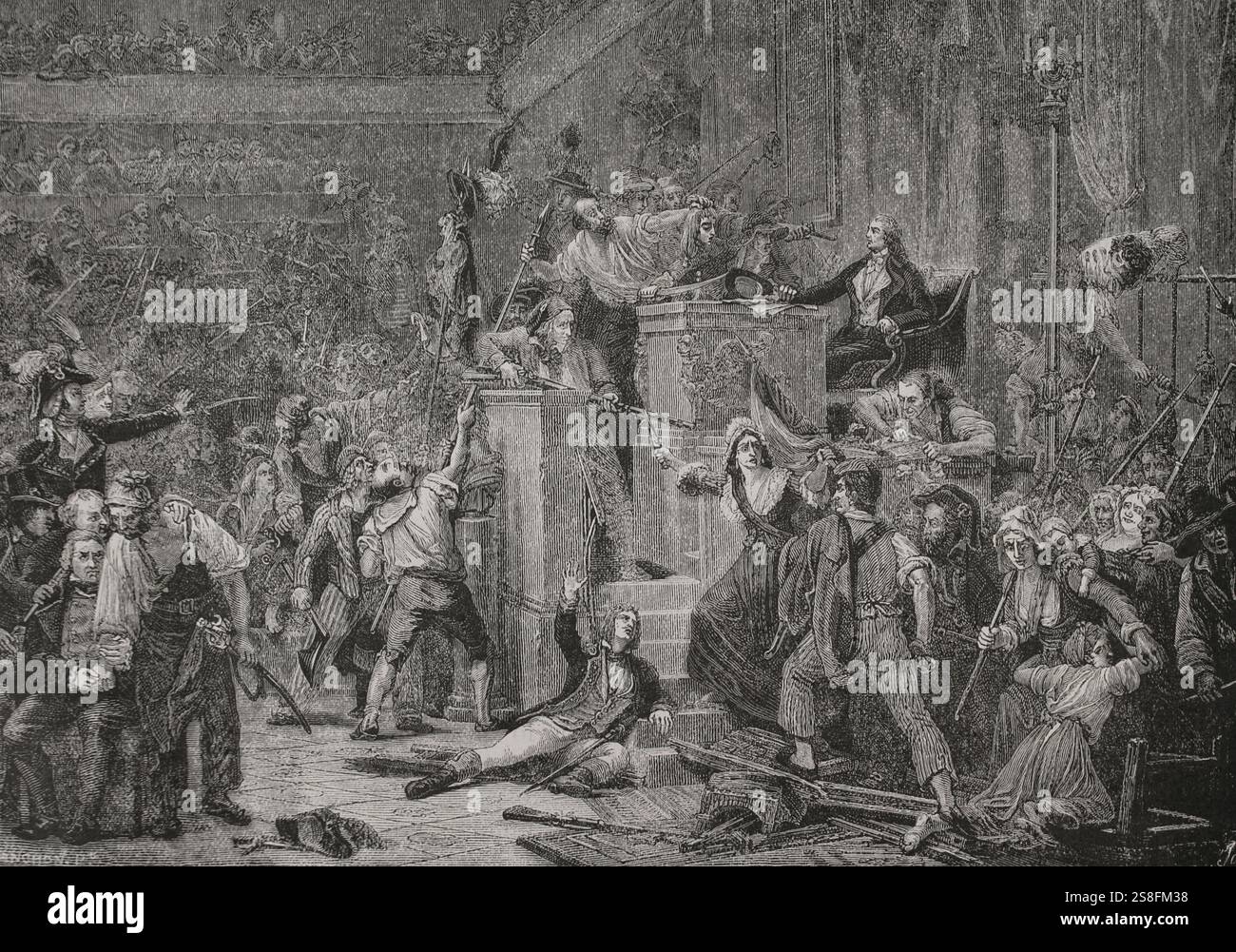 Französische Revolution. Revolte vom 1. Prairialjahr III. Volksaufstand in Paris am 20. Mai 1795 gegen die Politik der Thermidorianischen Konvention. Ein Mob stürmte den Konvent und forderte Brot. Der stellvertretende Jean-Bertrand Féraud (1759–1795), der für die Versorgung in Paris zuständig war, versuchte, die Menge zurückzuhalten, während er auf die Ankunft der Nationalgarde wartete, aber eine Frau erschoss ihn und tötete ihn vor Ort. Die wütende Menge Schnitt Féraud den Kopf ab, nagelte ihn an einen Hecht und brachte ihn in die Kammer des Kongresses. Ein Mann in seinen 50ern namens Jean Tinelle hat es vor dem Präsidenten Théodore Vernier aufgestellt. Attentäter Stockfoto