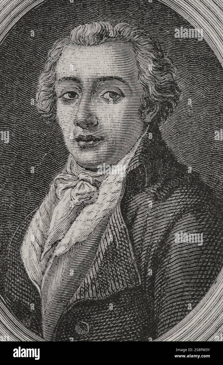 Jean-Antoine Roucher (1745-1794). Französischer Dichter. Während der Herrschaft des Terrors schrieb er mehrere Artikel gegen die Revolution, die zu seiner Verhaftung am 4. Oktober 1793 führten. Roucher wurde im Gefängnis Saint-Lazare inhaftiert. Der Anführer einer Verschwörung unter den Gefangenen in Saint-Lazare wurde am 25. Juli 1794 (7. Thermidor-Jahr II) guillotiniert. Hochformat. Stich von Pannemaker. Verlauf. Stockfoto