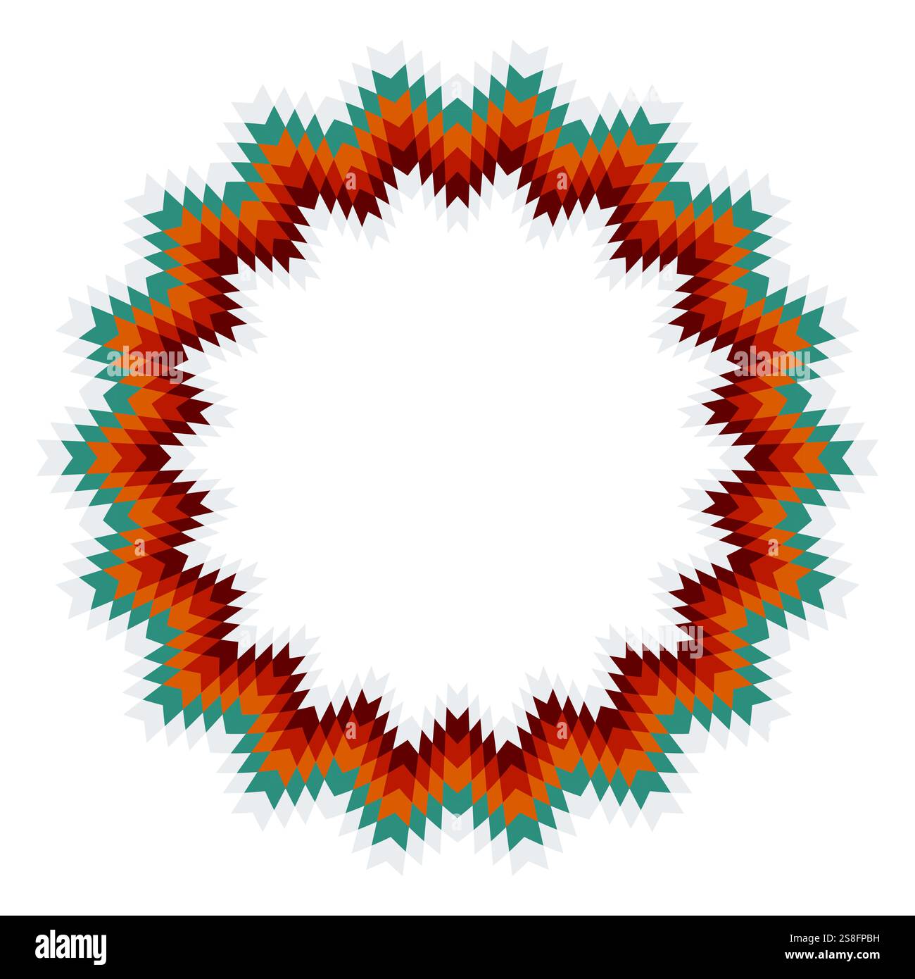 Südwestlicher ethnischer Rundrahmen mit geometrischem, nahtlosem Rahmen. Farbenfrohe aztekische Form mit rundem Rand. Stock Vektor