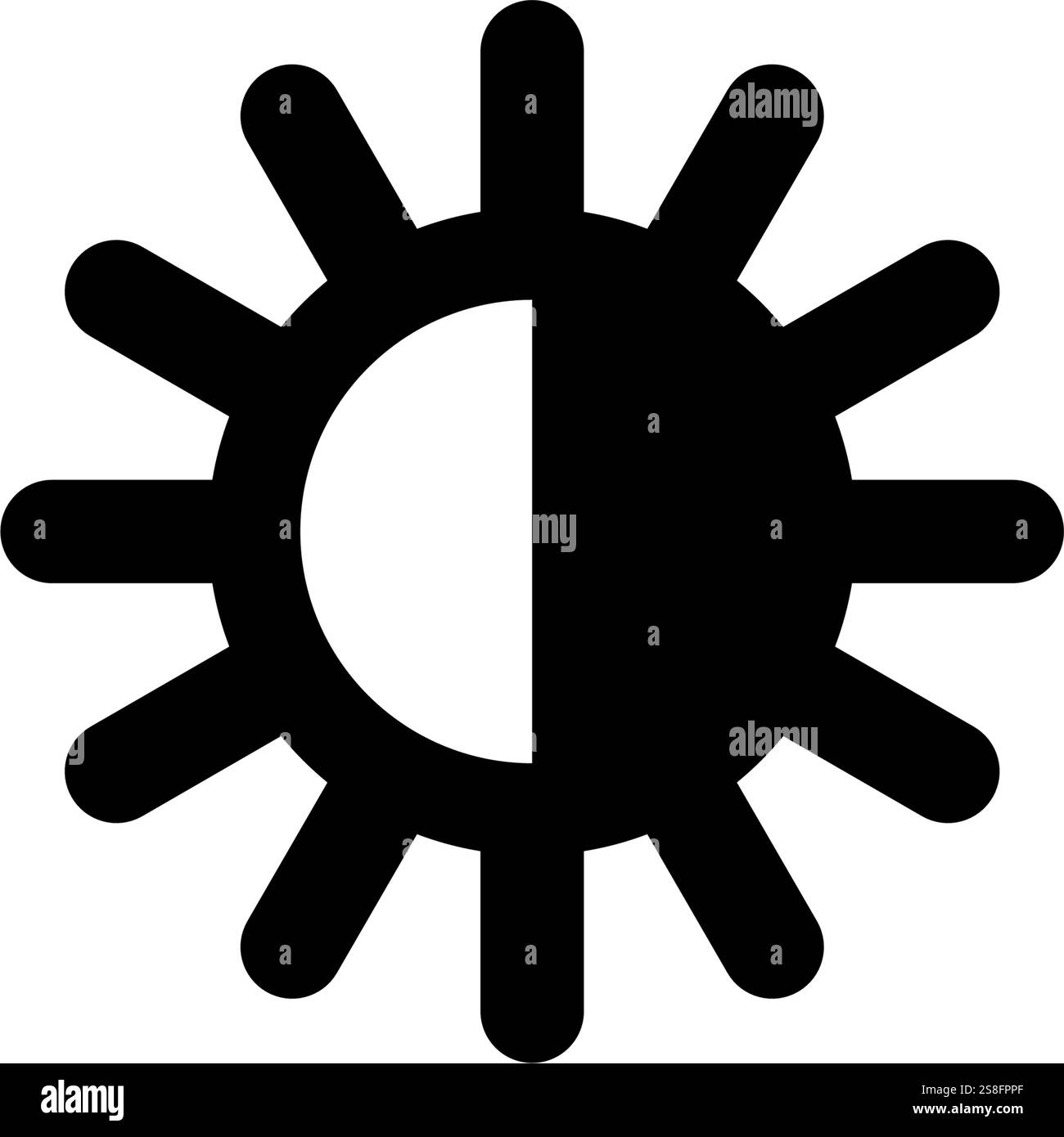 Symbol für Schwarzweiß-Helligkeitssteuerung mit Sonne und Sonnenstrahlen. Stock Vektor