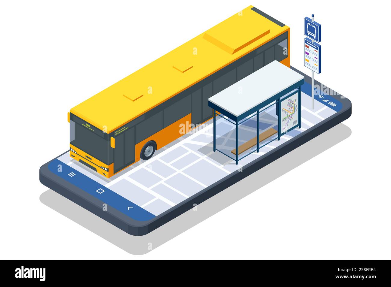 Isometrische Darstellung einer Bushaltestelle mit digitaler Anzeige und Streckenkarte. Eine Smartphone-Schnittstelle, die in das öffentliche Verkehrssystem integriert ist Stock Vektor