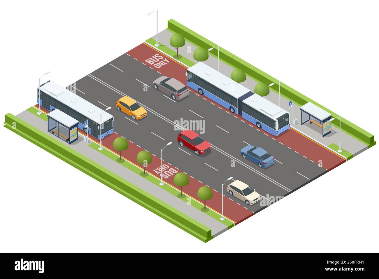 Ein isometrischer Vektor eines detaillierten städtischen Bushaltesystems mit mehreren Haltestellen, Schutzhütten, Bussen und einer gut organisierten Stadtstraße mit Grün und Stock Vektor