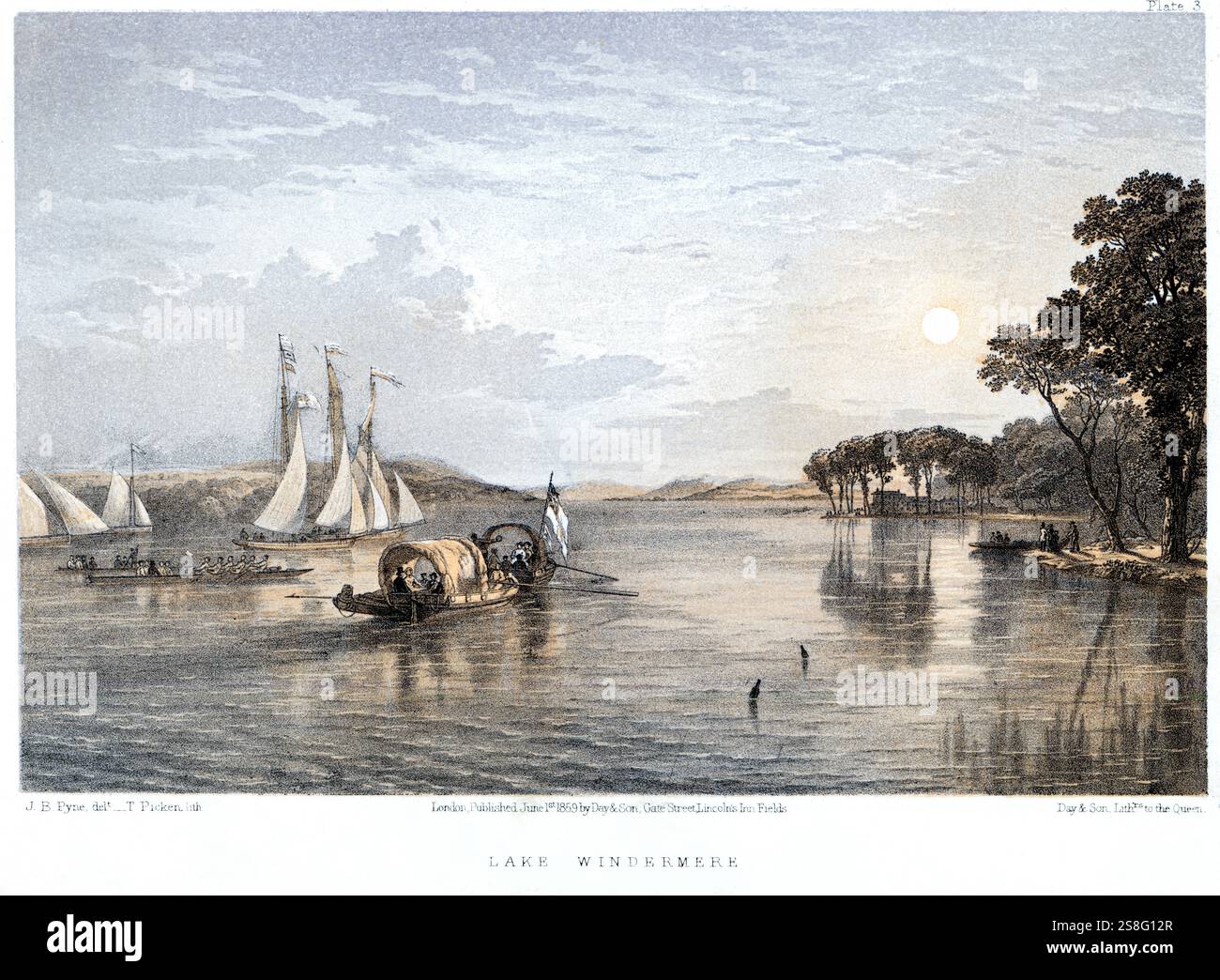 Eine farbige Lithographie des Lake Windermere, die in hoher Auflösung aus einem 1859 erschienenen Buch gescannt wurde. Dieses Bild ist urheberrechtlich frei Stockfoto