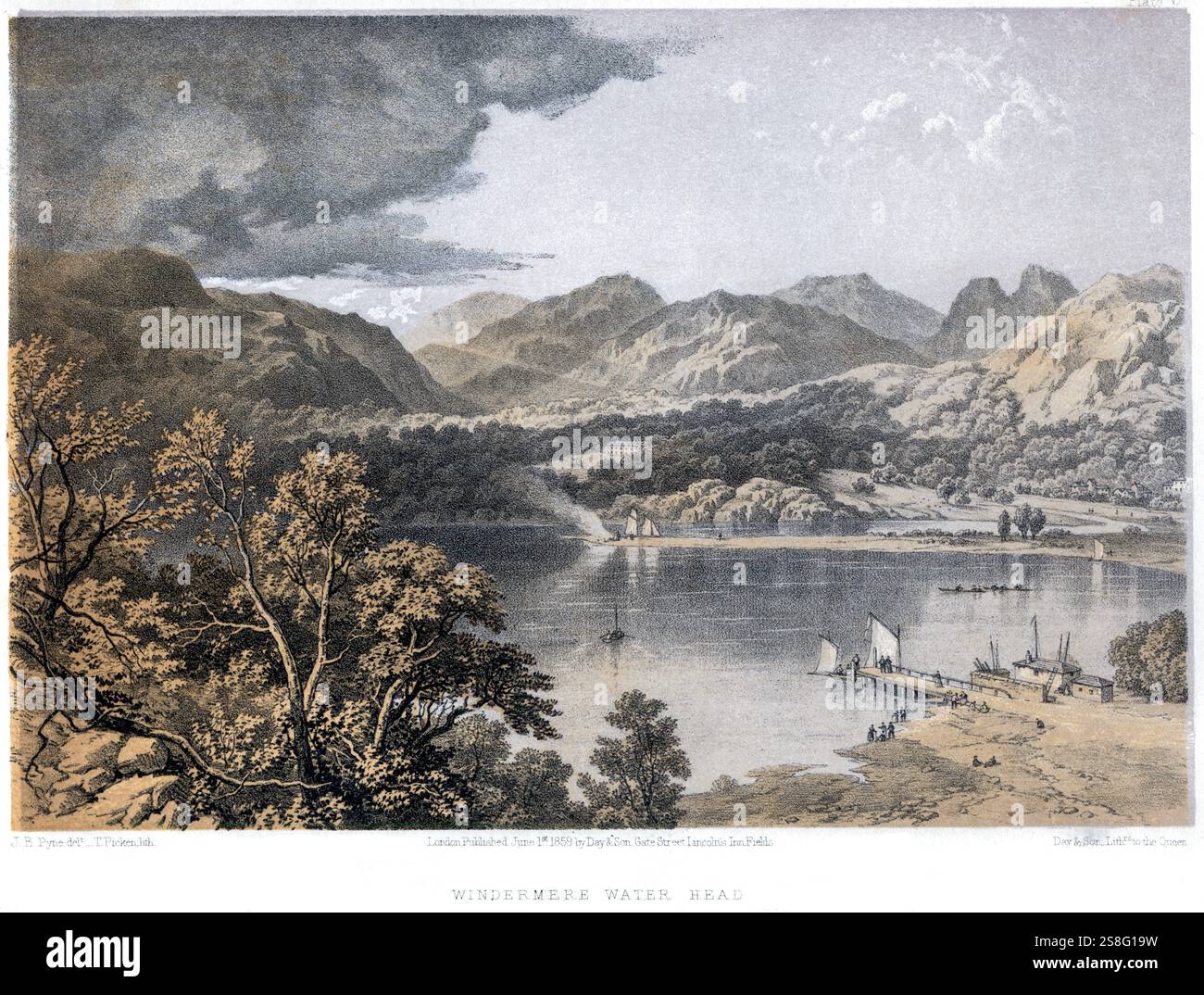 Eine farbige Lithografie von Windermere Water Head, die in hoher Auflösung aus einem 1859 erschienenen Buch gescannt wurde. Urheberrechtlich geschützt. Stockfoto