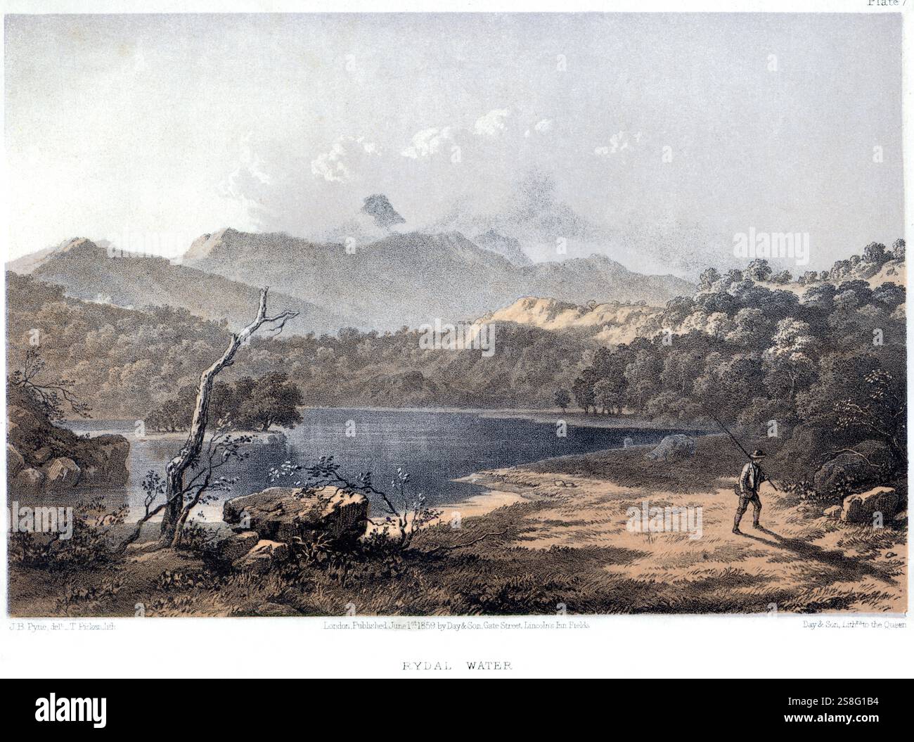 Eine farbige Lithografie von Rydal-Wasser, die in hoher Auflösung aus einem 1859 erschienenen Buch gescannt wurde. Urheberrechtlich geschützt. Stockfoto