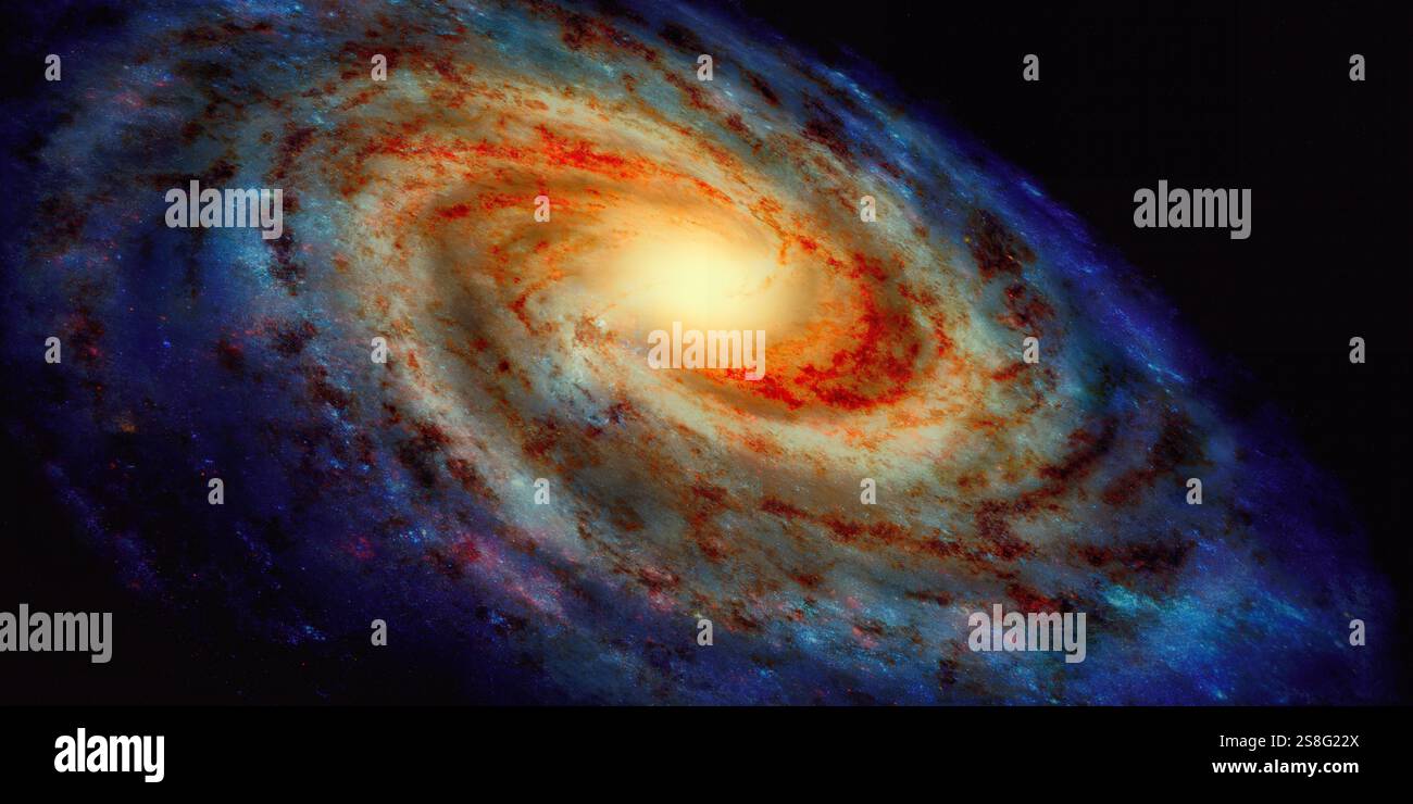 Die Milchstraße ist eine Ansammlung von wirbelnden Sternen, Planeten, Wolken und Gas, die Sagittarius A umkreist, ein supermassereiches Schwarzes Loch. Stockfoto