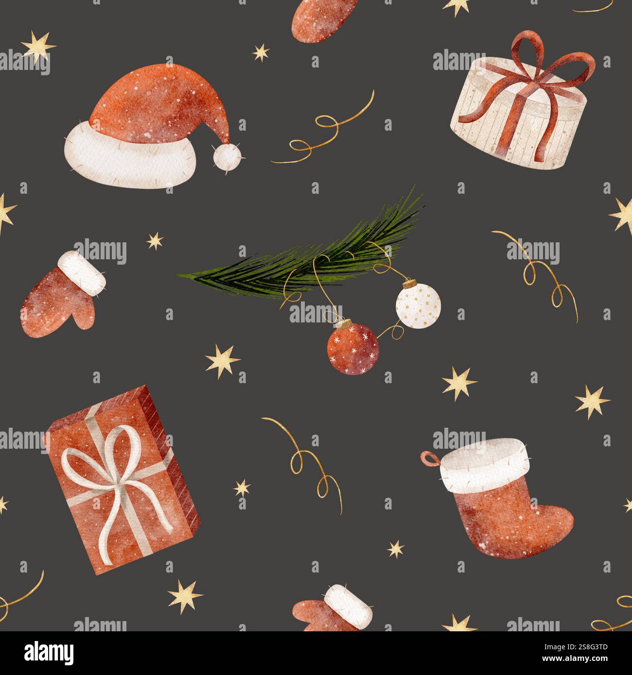 Weihnachtsmann-Hut mit Aquarellmuster, Strumpf, Fäustling, Weihnachtsbaum, Neujahrsgeschenke. Weihnachtsillustration auf dunkelgrauem Hintergrund. Nahtloser Druck Stockfoto