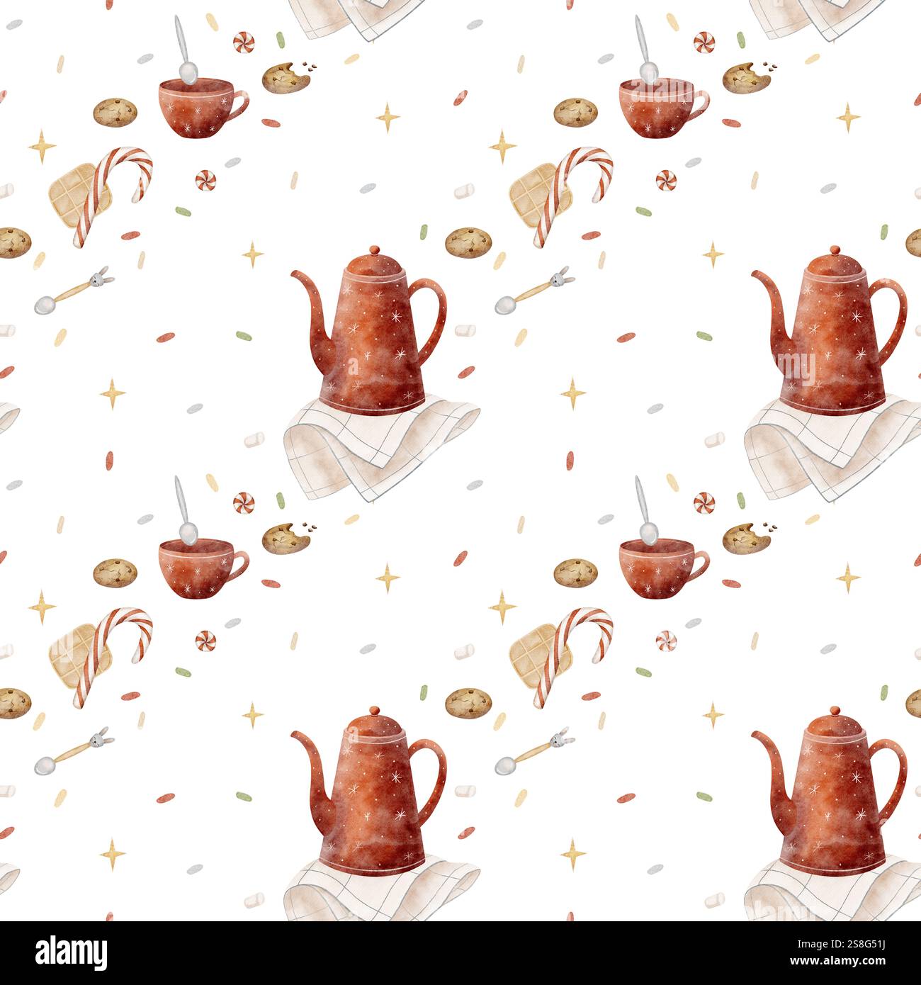 Tasse mit nahtlosem Muster, Teekanne, Kekse, Karamellbonbons, Süßigkeiten. Weihnachtsillustration auf weißem Hintergrund. Süßigkeiten für die Küche drucken Stockfoto