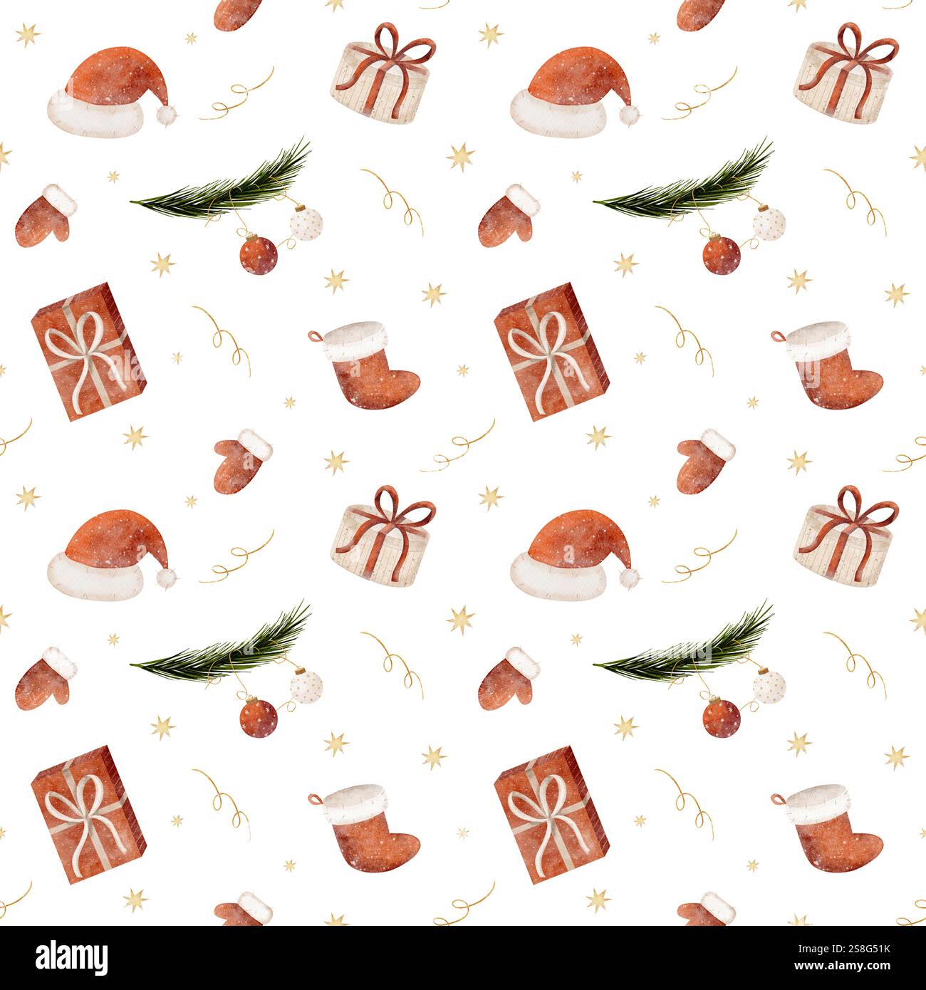 Weihnachtsmann-Hut mit Aquarellmuster, Strumpf, Fäustlinge, Neujahrsgeschenke. Weihnachtsillustration auf weißem Hintergrund. Nahtloser Druck für Textilien Stockfoto