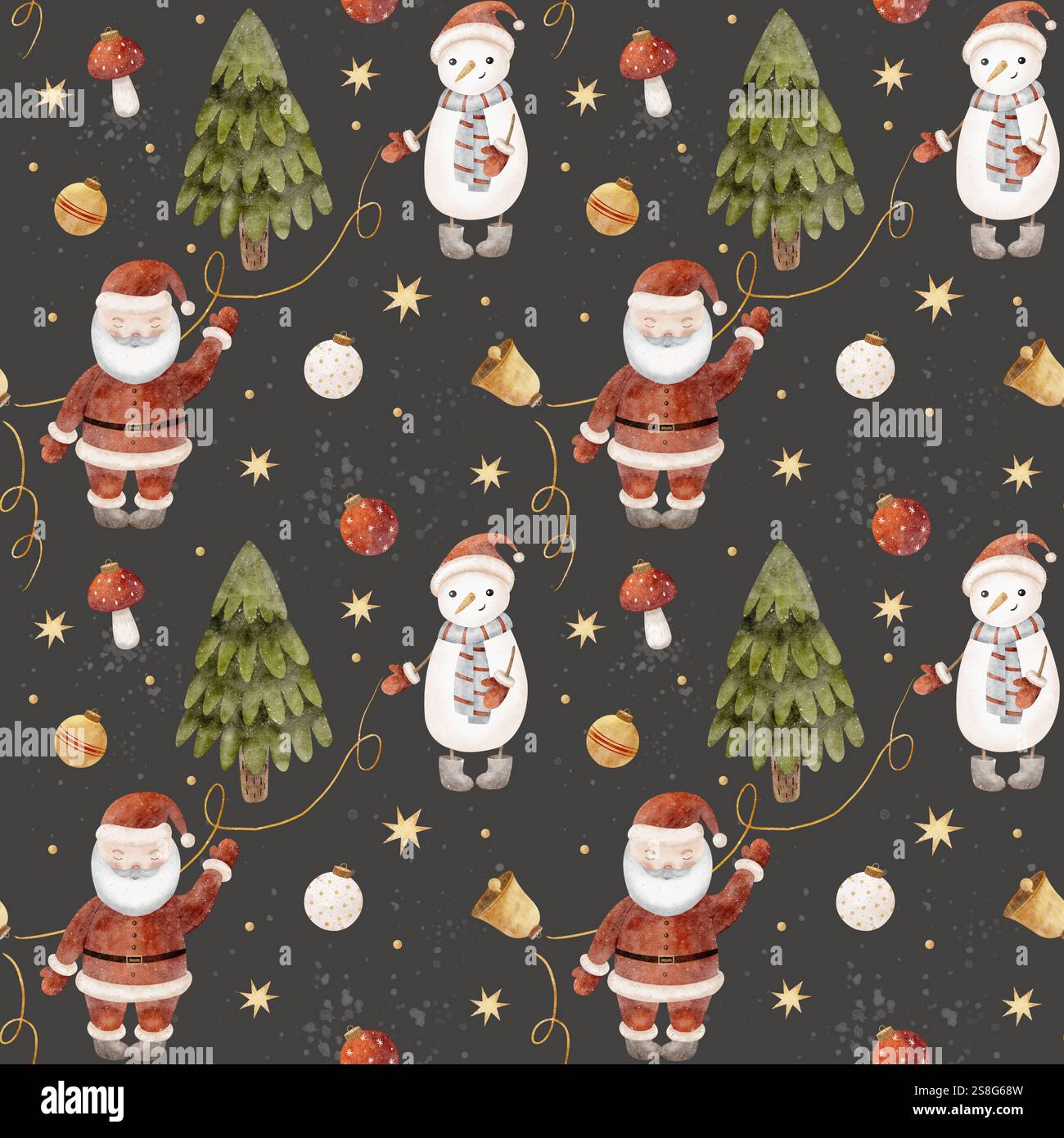 Aquarellmuster Weihnachtsmann, Schneemann, Weihnachtsbaum. Illustration spritzt auf dunklem Hintergrund. Neujahrsdruck für Textilien, Stoffe, Verpackungen Stockfoto