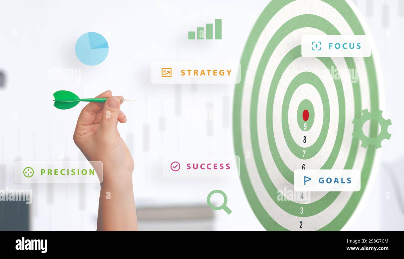 Hand, die auf ein erfundenes Ziel zielt, umgeben von Schlüsselwörtern wie Zielen, Strategie, Erfolg, Präzision und Fokus, symbolisiert effektives Marketing und Stra Stockfoto