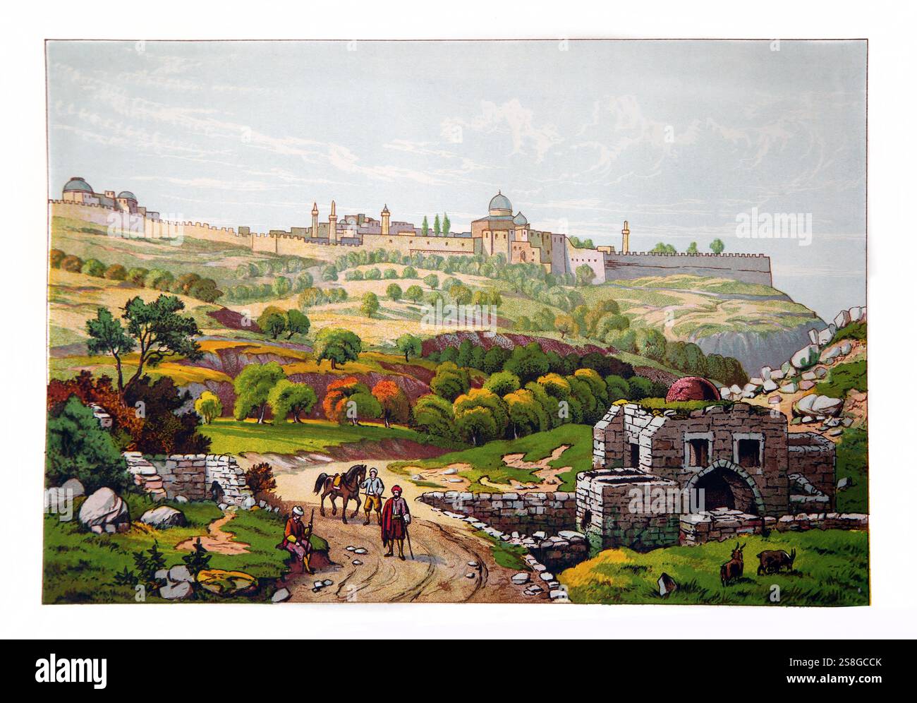 Illustration von Jerusalem aus Hiob Brunnen aus dem antiken 19. Jahrhundert die National Illustrated Family Bible - die Heilige Bibel mit Kommentaren von Scott Stockfoto