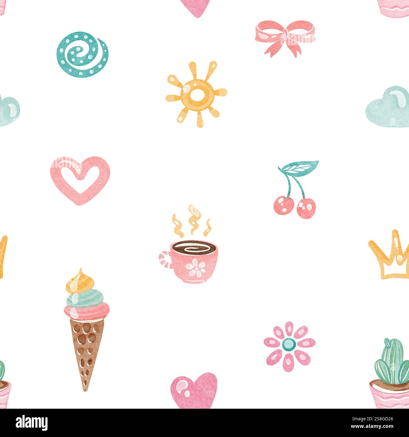 Nahtloses Aquarellmuster mit niedlichem Regenbogen, Schmetterlingen und Blumen Stockfoto