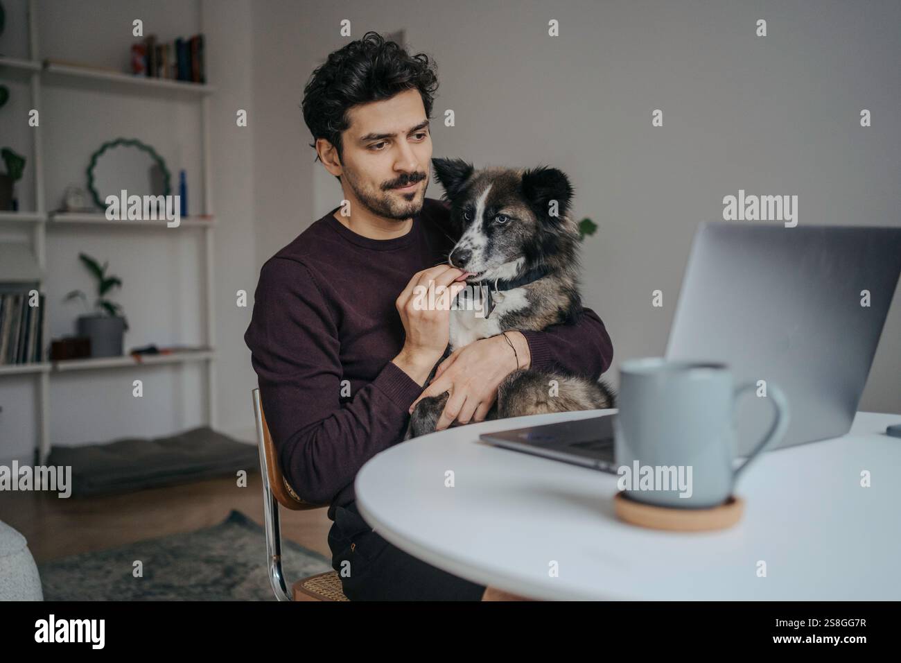 Junger, gutaussehender Mann aus dem Nahen Osten, der einen Computer benutzt und während der Arbeit einen süßen Hund im Schoß hält. Stockfoto