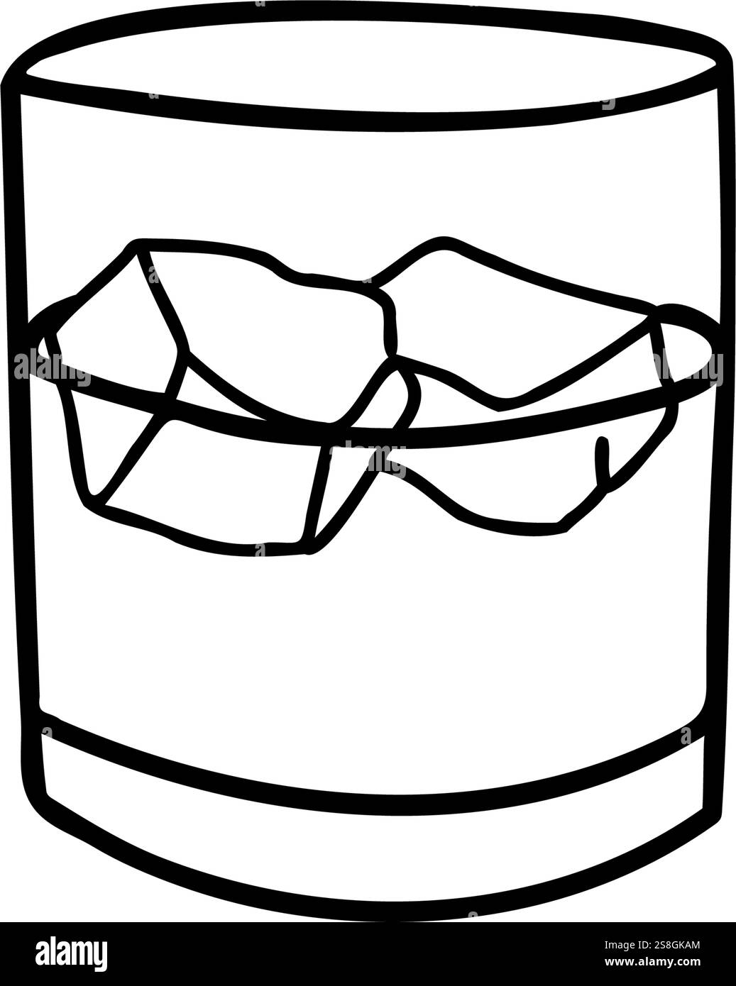 Ein Glas Whiskey oder ein anderes Getränk und Eis. Hand gezeichnete Vektor-Illustration im Doodle-Stil isoliert auf einem weißen Hintergrund. Ein schlichtes, minimalistisches Schwarz und Stock Vektor