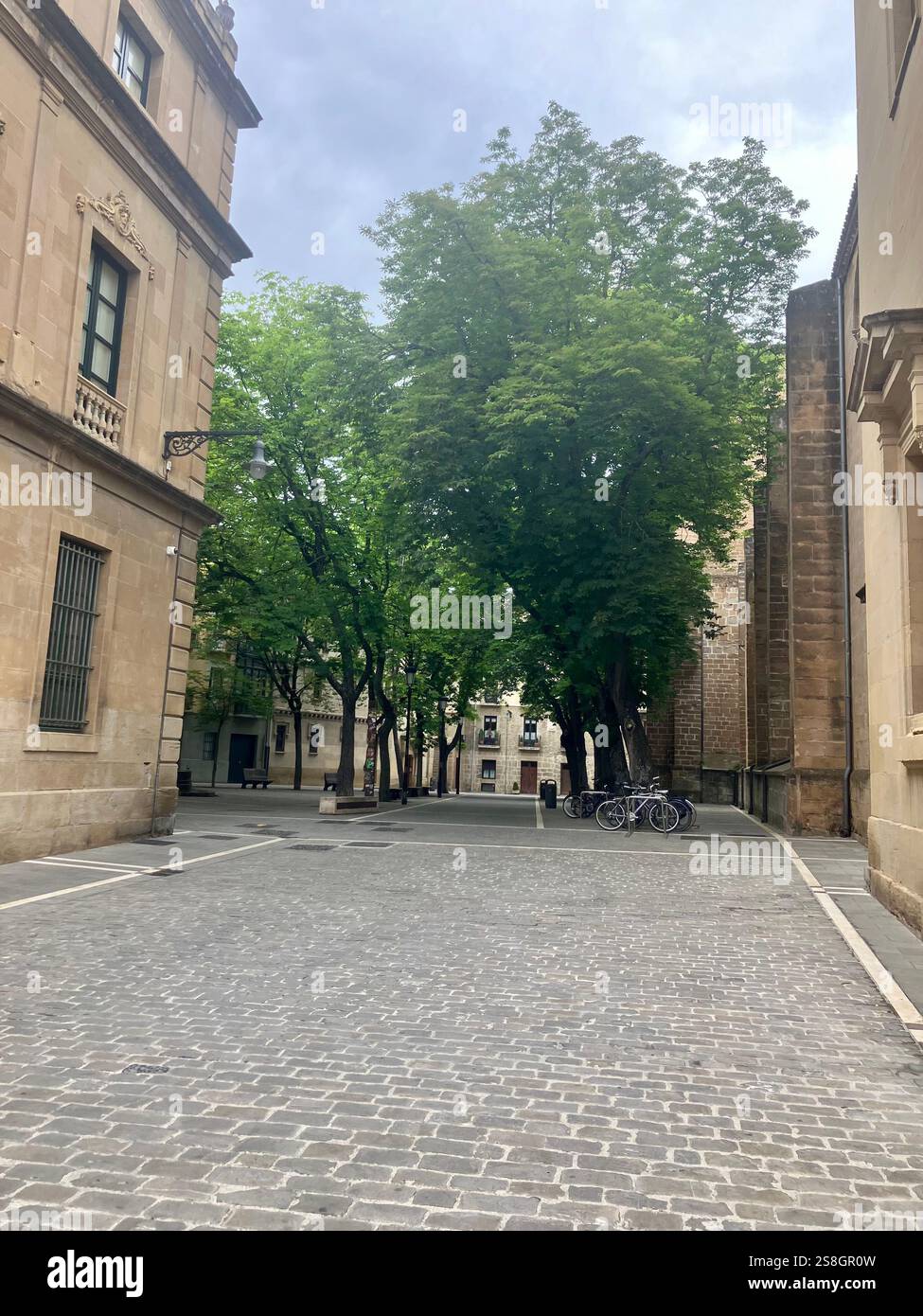 Plazuela de San José, ein grüner Platz in der Nähe der Kathedrale Santa Maria in Pamplona, Navarra, Spanien - Smartphone-aufgenommenes Stockfoto