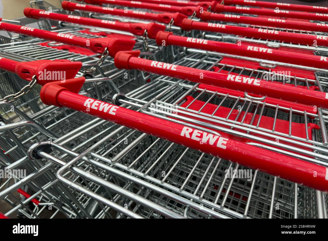 , Deutschland, 21.01.2025, Reihen von Einkaufswagen mit Rewe-Logo, bereit für den Einkauf. Symbolbild für Einzelhandel, Konsum und Alltagsroutine. Stockfoto