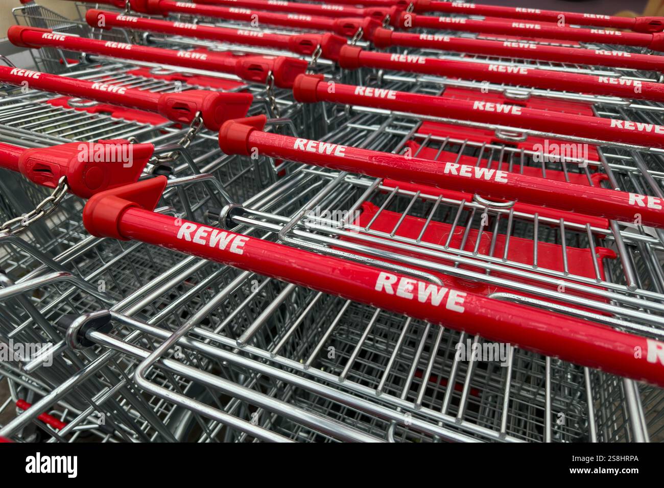 , Deutschland, 21.01.2025, Reihen von Einkaufswagen mit Rewe-Logo, bereit für den Einkauf. Symbolbild für Einzelhandel, Konsum und Alltagsroutine. Stockfoto