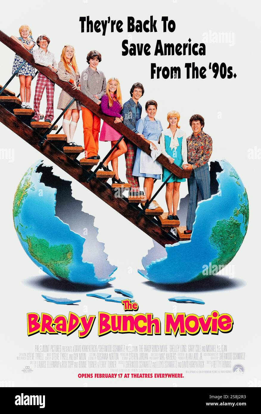 The Brady Bunch Movie (1995) von Betty Thomas mit Shelley Long, Gary Cole und Michael McKean. Die beliebte TV-Familie der 1970er Jahre findet sich in Los Angeles der 1990er Jahre komisch fehl am Platz, als sie versucht, ihr Zuhause zu retten und gleichzeitig ihre gesunden Werte zu bewahren. Foto eines Original-Posters aus dem Jahr 1995 (USA), das NUR FÜR REDAKTIONELLE ZWECKE VERWENDET WIRD. Quelle: BFA / Paramount Pictures Stockfoto