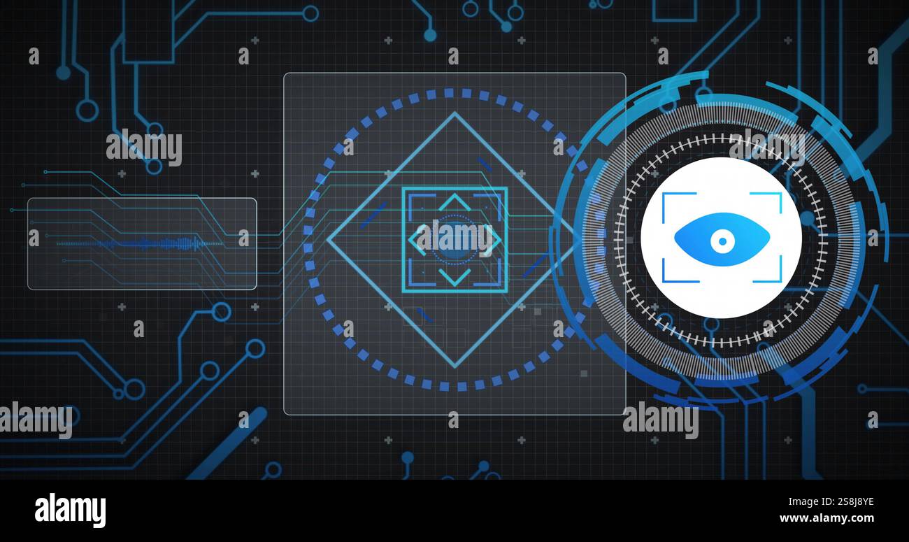 Bild von Netzwerk und Scannern mit Symbol für Retina-Scan und Diagrammen zur Datenverarbeitung Stockfoto