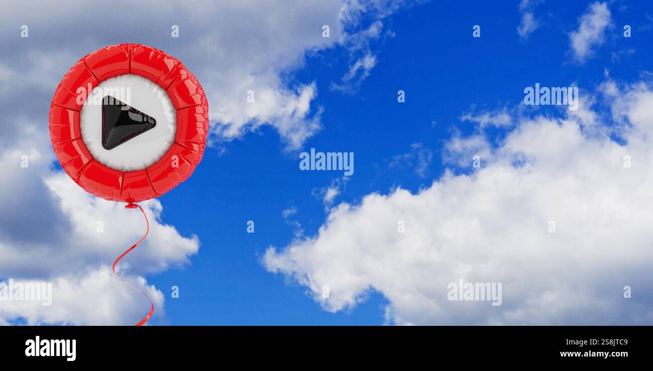 Media Player Symbol für die Wiedergabetaste in Form eines Ballons auf blauem Himmel. 3D-Rendering Stockfoto