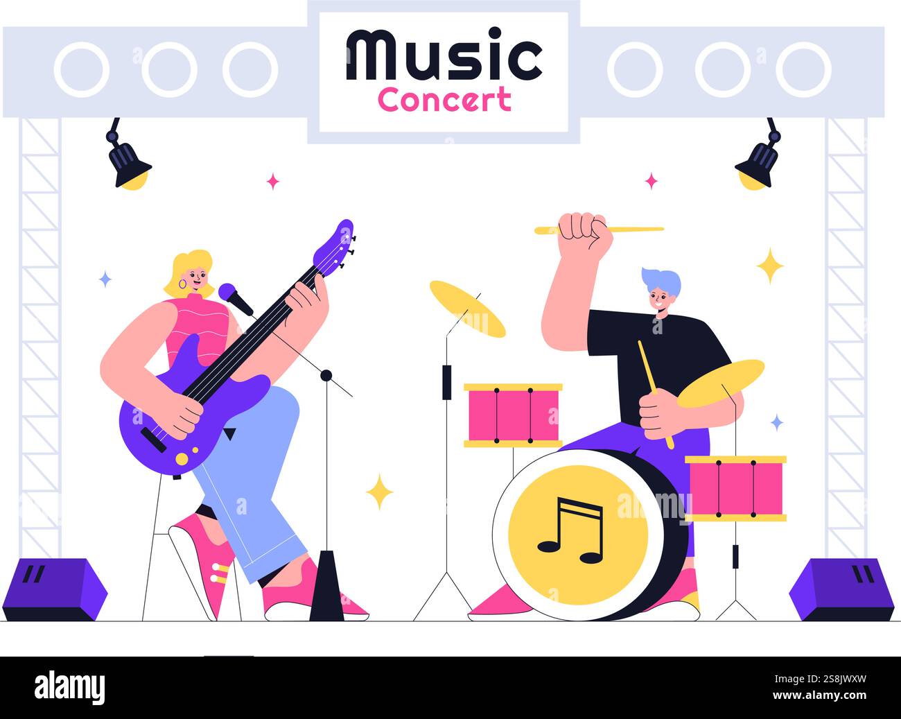 Musikkonzert Vektor-Illustration mit einer Darbietung eines Künstlers bei einem Live-Musik-Event mit Musikinstrumenten während eines Sommerwochenendes Festivals Stock Vektor