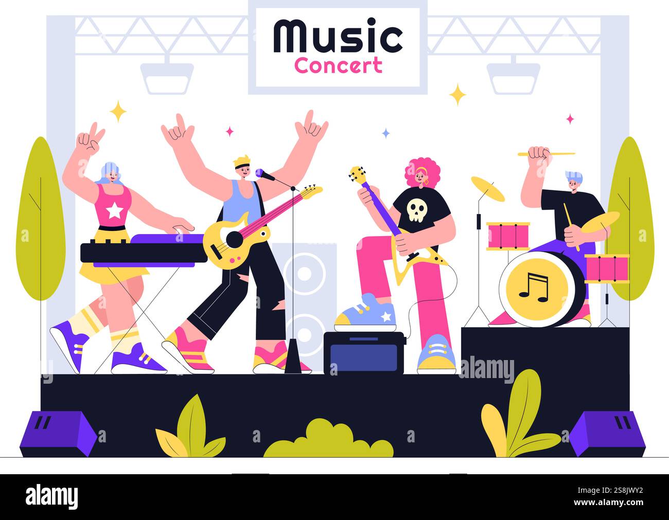 Musikkonzert Vektor-Illustration mit einer Darbietung eines Künstlers bei einem Live-Musik-Event mit Musikinstrumenten während eines Sommerwochenendes Festivals Stock Vektor