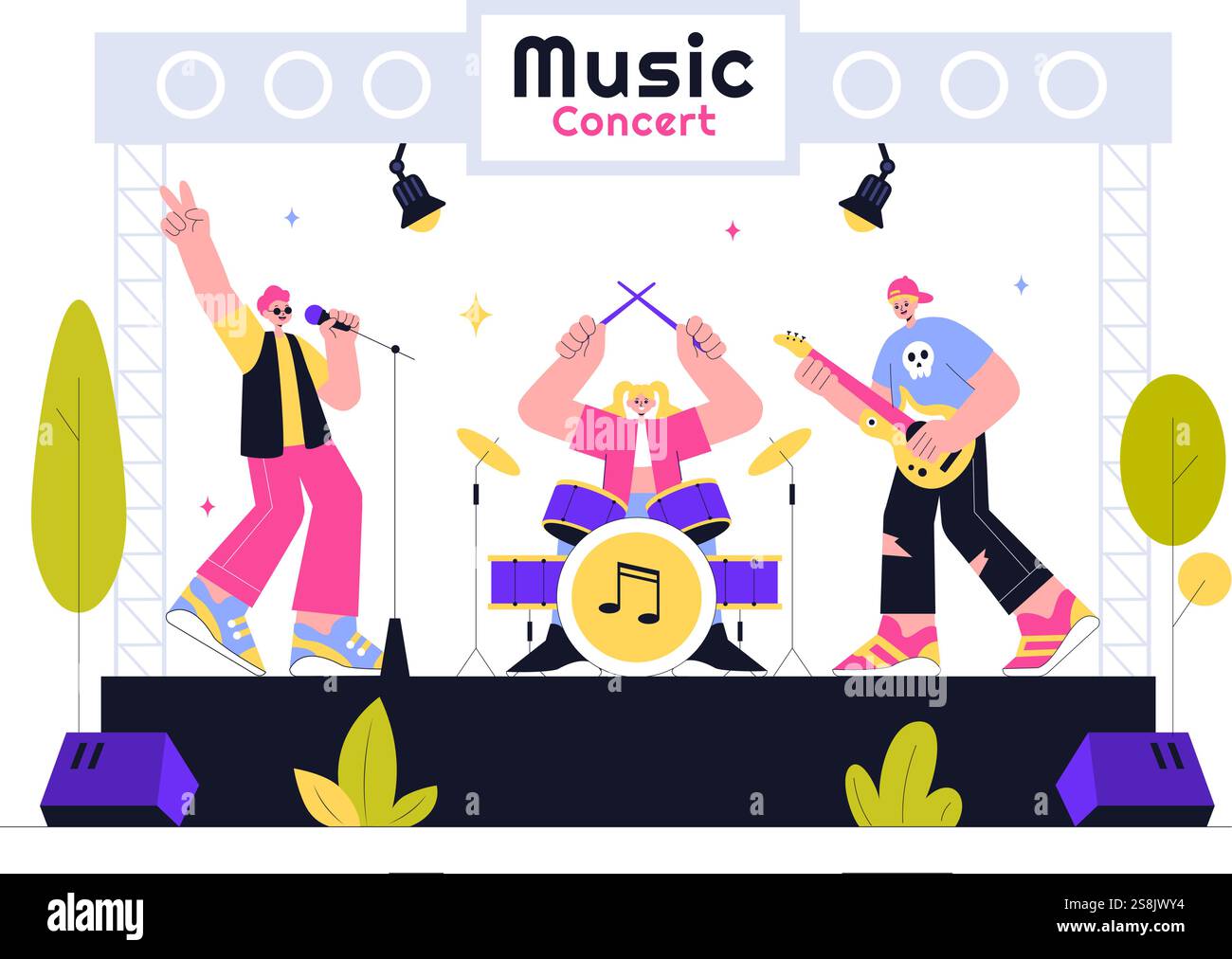 Musikkonzert Vektor-Illustration mit einer Darbietung eines Künstlers bei einem Live-Musik-Event mit Musikinstrumenten während eines Sommerwochenendes Festivals Stock Vektor