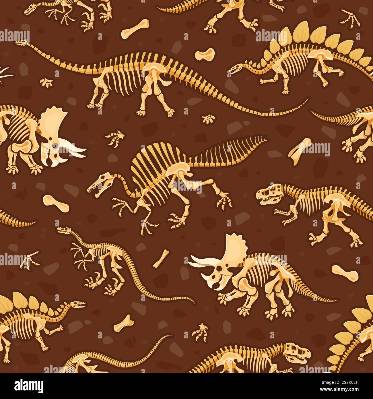Prähistorische Dinosaurierfossilien nahtloses Muster. Dino Skelette, Knochen und Schädel Vektor Hintergrund. Zeichentrickfilm tyrannosaurus, triceratops, Stegosaurus, ve Stock Vektor
