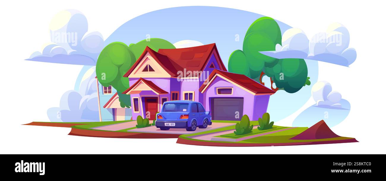 Auto parkt in der Nähe des Hauses mit grünem Garten isoliert auf weiß. Vektor-Zeichentrickillustration von nettem Ferienhaus mit Bäumen im Hinterhof, modernes Auto in Vorstadtstadt, Wolken im Himmel, private Immobilie Stock Vektor