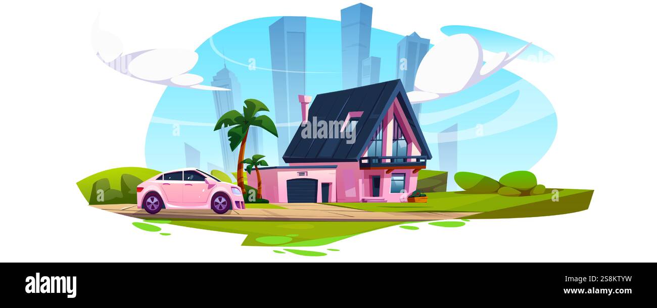 Modernes rosafarbenes Haus mit dunklem Dach und Garage, Auto parkt in der Einfahrt. Palmen in der Nähe von Vorstadtgrundstücken auf blauem Hintergrund der Skyline der Stadt. Grüner Rasen umliegendes Wohngebäude für Immobilien. Stock Vektor