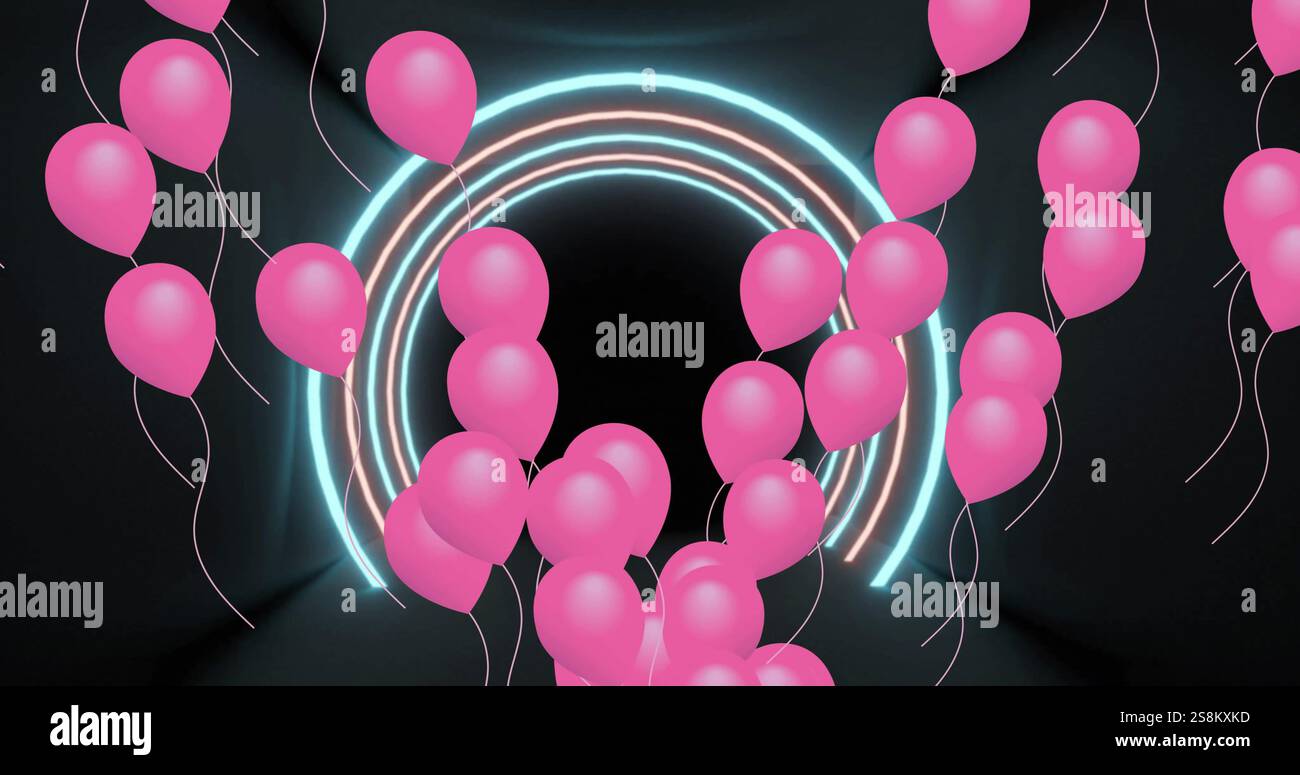 Bild von pinkfarbenen Partyballons, die über dem Neonbogen auf schwarzem Hintergrund schweben Stockfoto