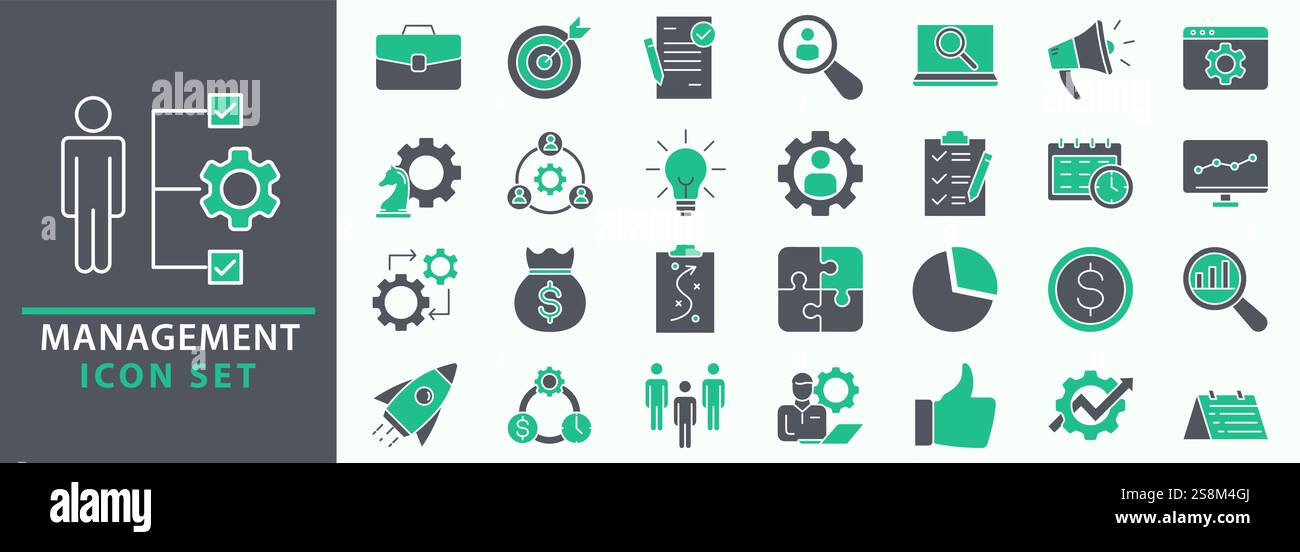 Symbole für Unternehmen und Verwaltung festgelegt. Sammlung von Verwaltungssymbolen. Vektor-Illustrator Stock Vektor