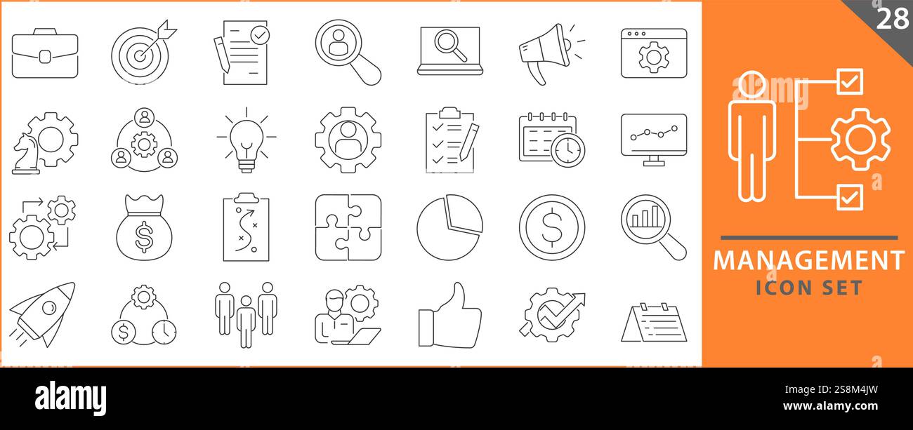 Symbole für Unternehmen und Verwaltung festgelegt. Sammlung von Verwaltungssymbolen. Vektor-Illustrator Stock Vektor