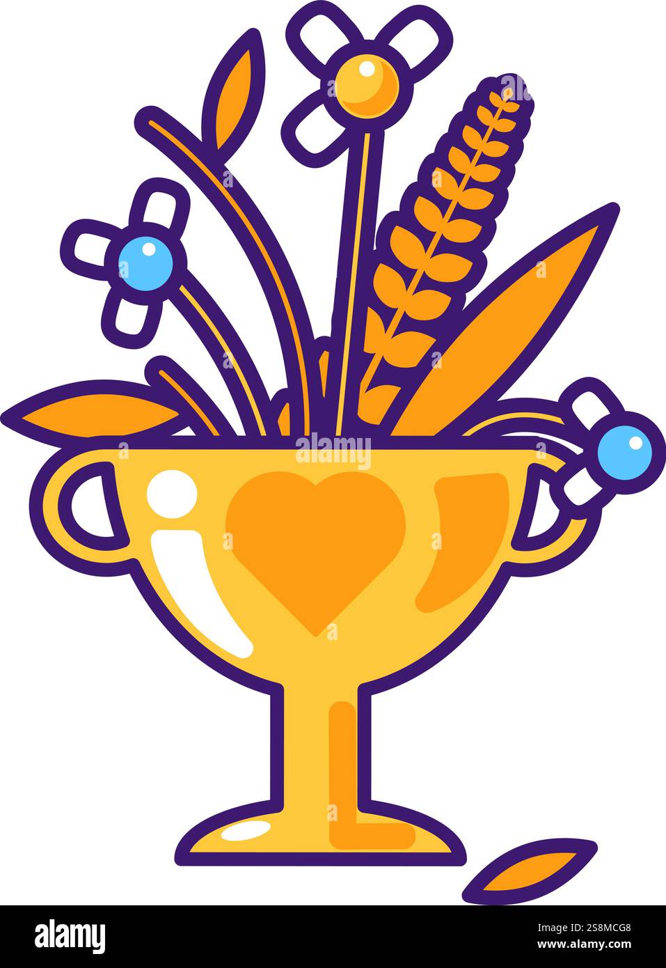Vektor-Grafik-Illustration des Straußes von herbstlichen Blumen in einem lebhaften gestrichenen Cartoon-Stil. Der Blumenstrauß ist in einem goldenen Becher untergebracht. Flüchtig Stock Vektor
