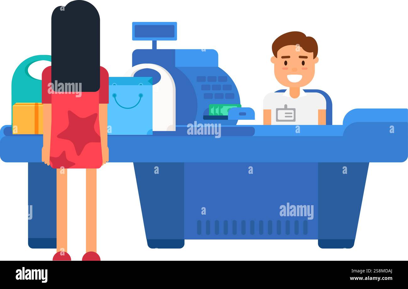 Die Käuferin wartet an der Kasse, bis die Kassiererin ihre Einkäufe bezahlt. Kassenarbeitsplatz im Supermarkt. Einfacher Vektor in flacher Form isoliert auf weißem bac Stock Vektor