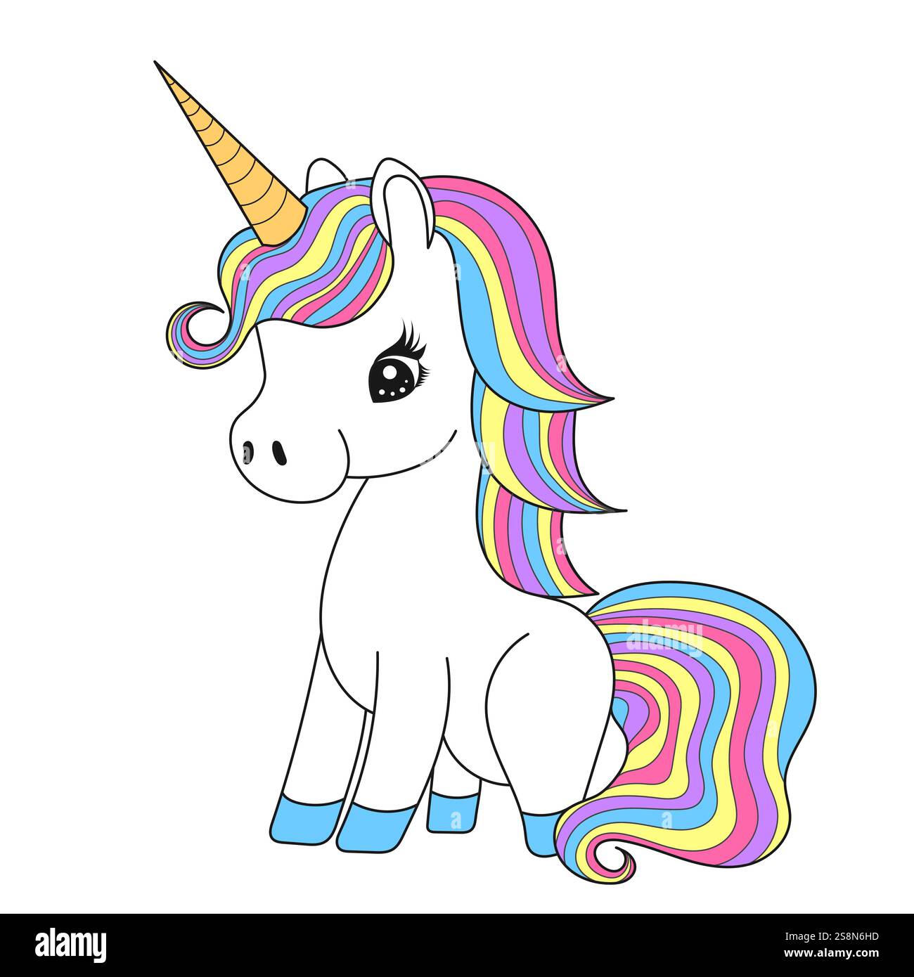 Niedliches Cartoon Einhorn, Charakter in flachem Stil, Hochzeit isolierter Vektor Stock Vektor
