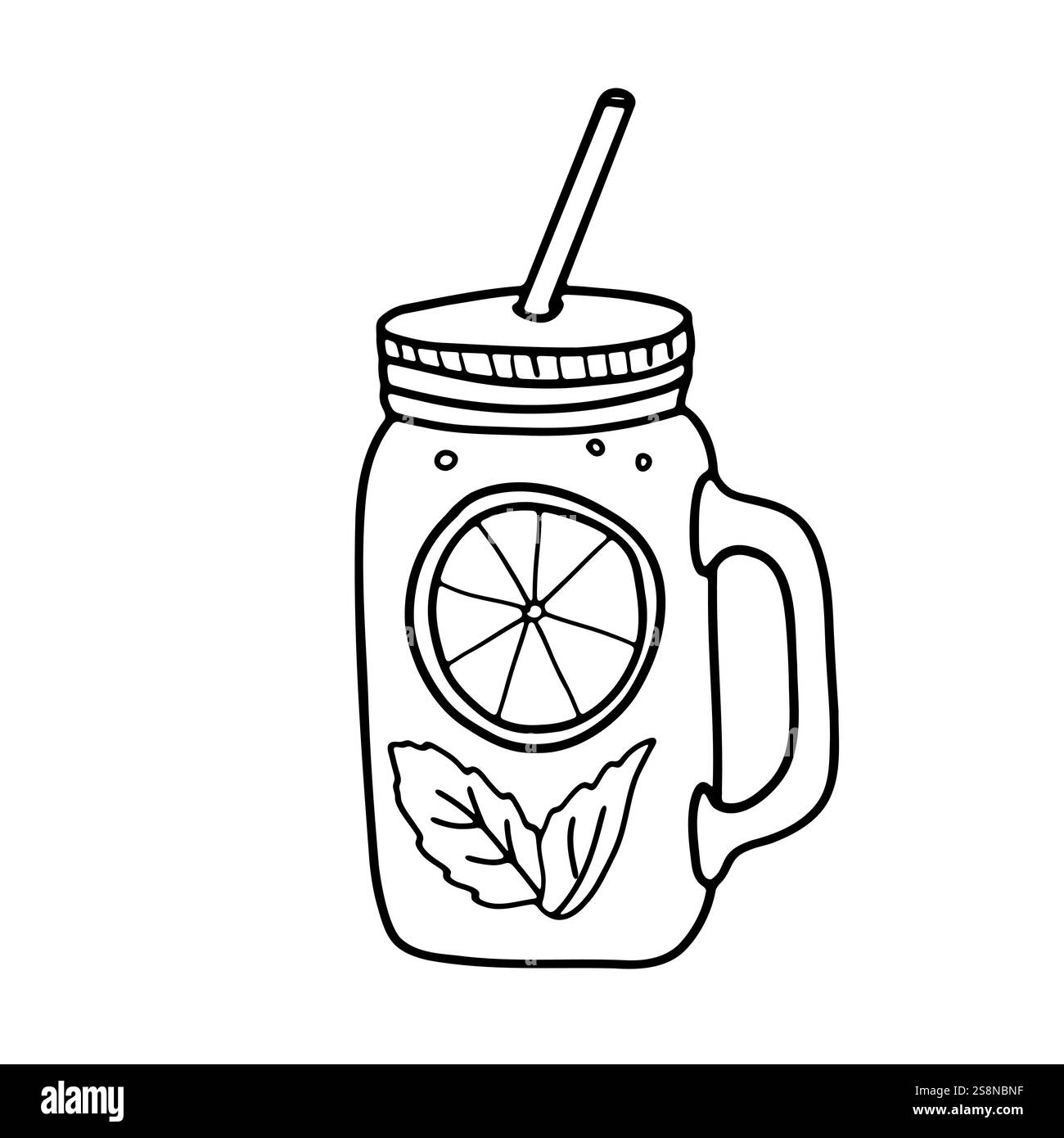 Eistee mit Zitrone und Minze oder Limonade in Mauerglas und Strohhalm isoliert auf weißem Hintergrund. Schwarzweiß-Umrisszeichnung. Minimalistisch Stock Vektor