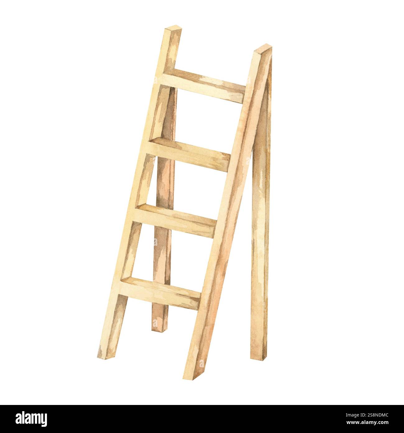 Gartentreppe Clipart. Holzleiter handgezeichnete Aquarellillustration. Rustikale Trittleiter für Bauernmotive, DIY-Gartendekor oder einzigartige Muster für Merchandise oder Einladungen Stockfoto