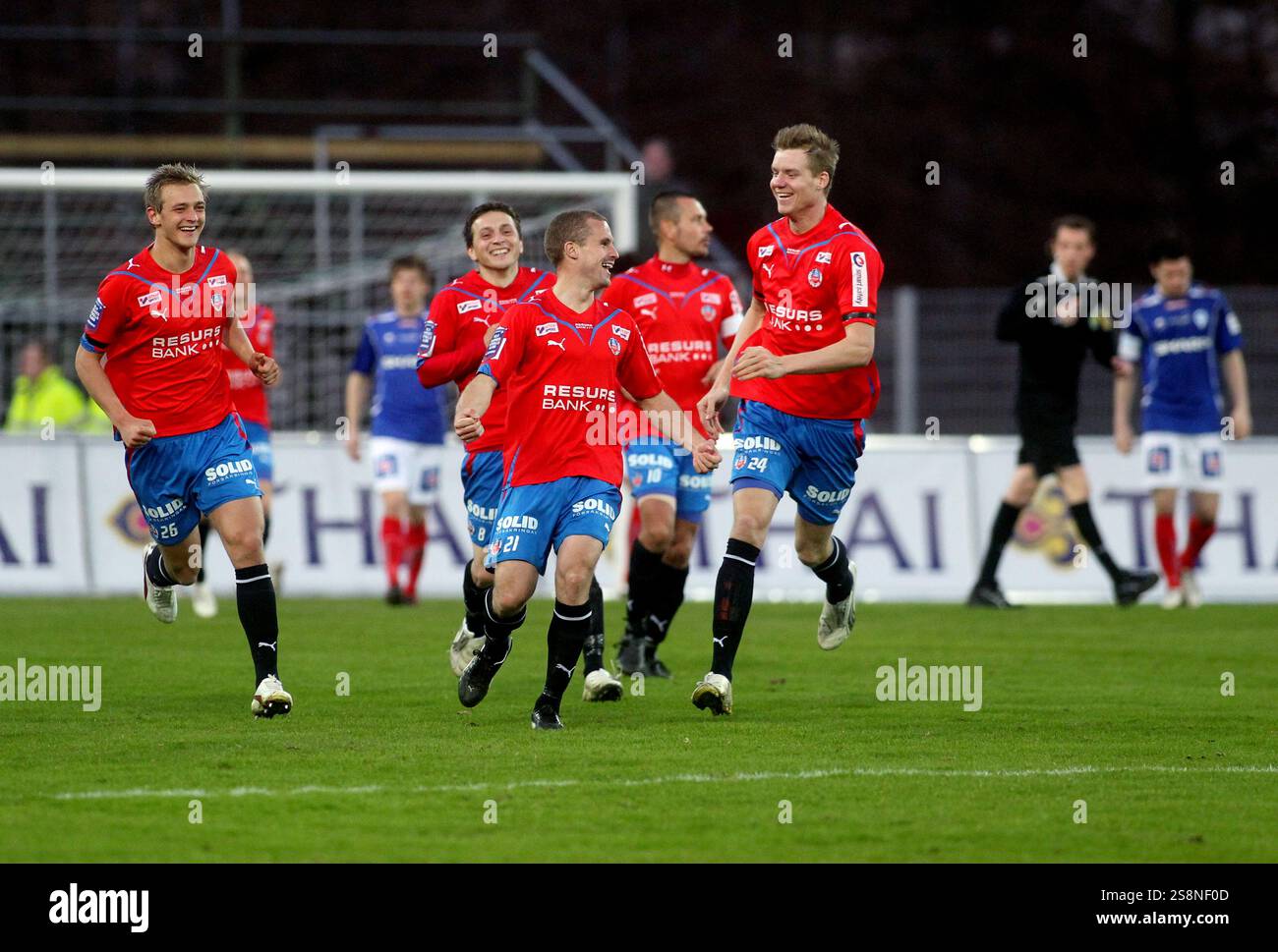 Helsingborgs IF jubelt während des Fußballspiels zwischen Åtvidabergs FF und Helsingborgs IF, Allsvenskan, Kopparvallen Arena, Åtvidaberg, Schweden. Stockfoto