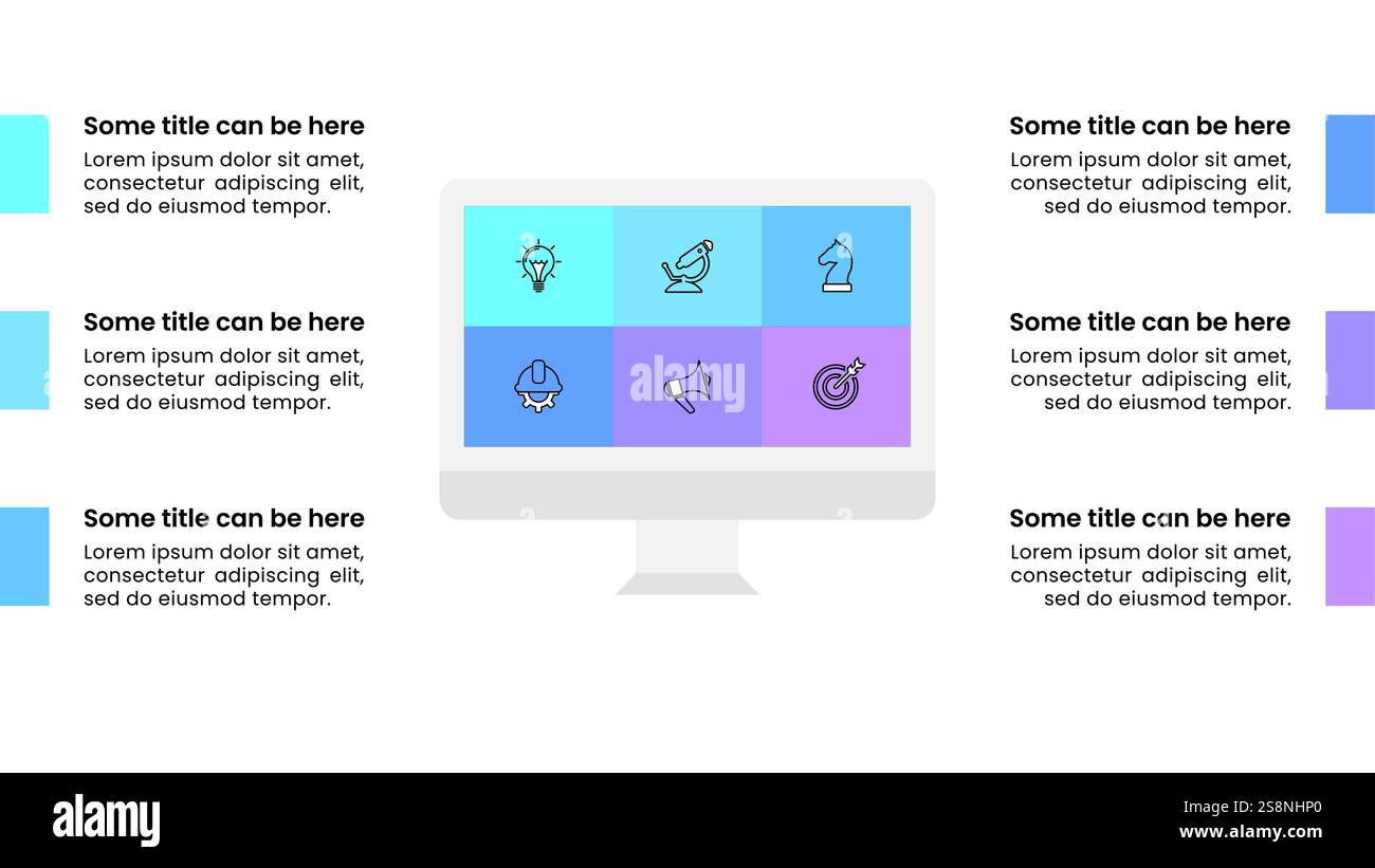 Infografik-Vorlage mit Symbolen und 6 Optionen oder Schritten. Computer. Kann für Workflow-Layout, Diagramm, Banner, webdesign verwendet werden. Vektorgrafik Stock Vektor
