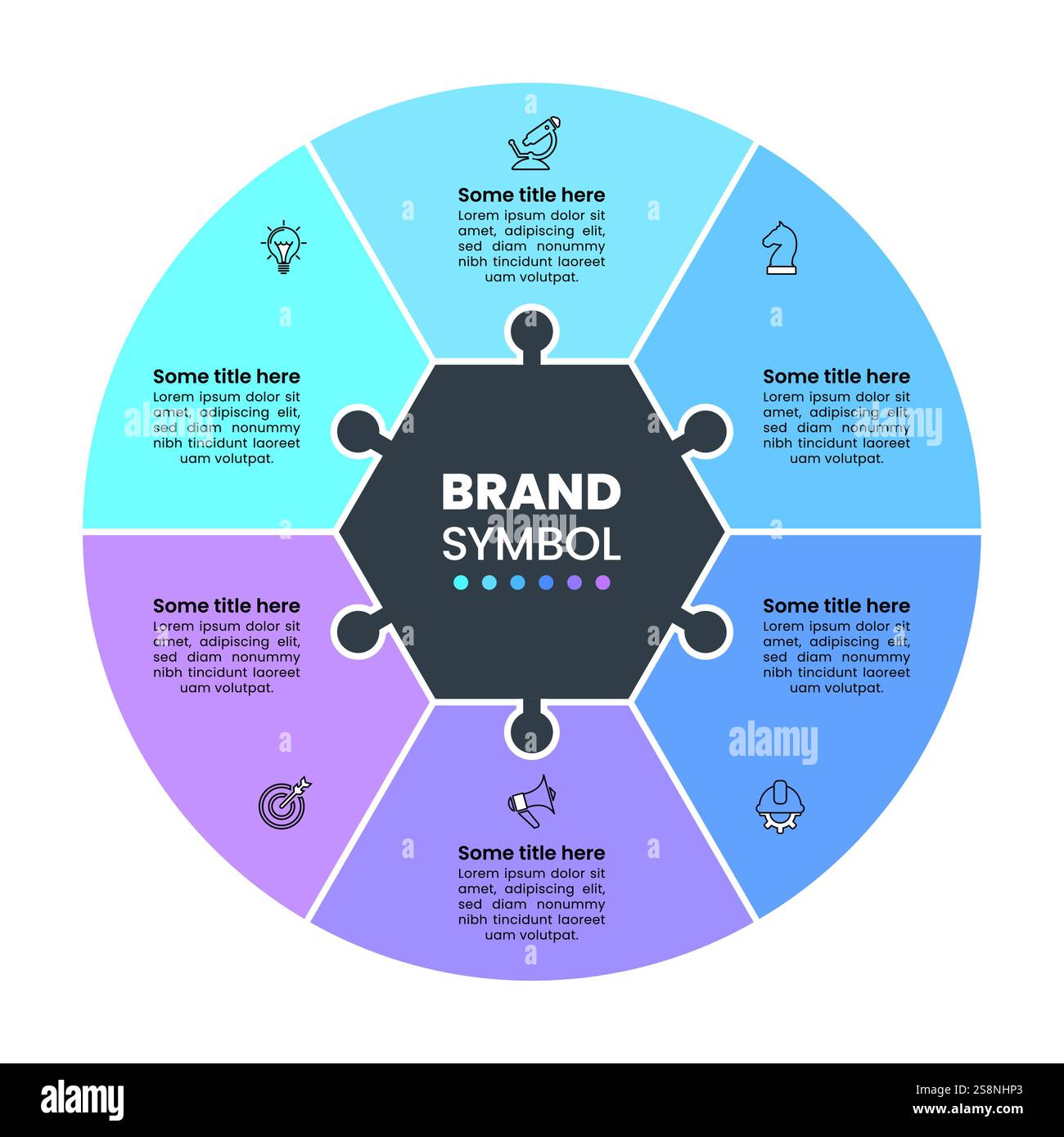 Infografik-Vorlage mit Symbolen und 6 Optionen oder Schritten. Puzzle. Kann für Workflow-Layout, Diagramm, Banner, webdesign verwendet werden. Vektorgrafik Stock Vektor