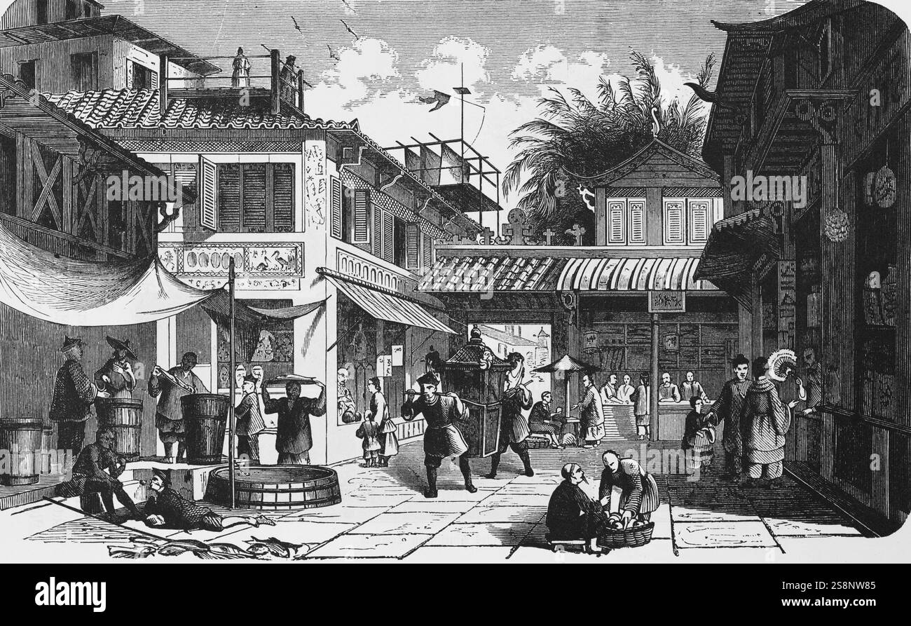 Geschäftsstraße im Stadtzentrum von Kanton oder Guangzhou, Geschäfte, Handel, Personenbeförderung, gepflasterter Platz, viele Leute, Rikscha, reisen in Asien, Chi Stockfoto