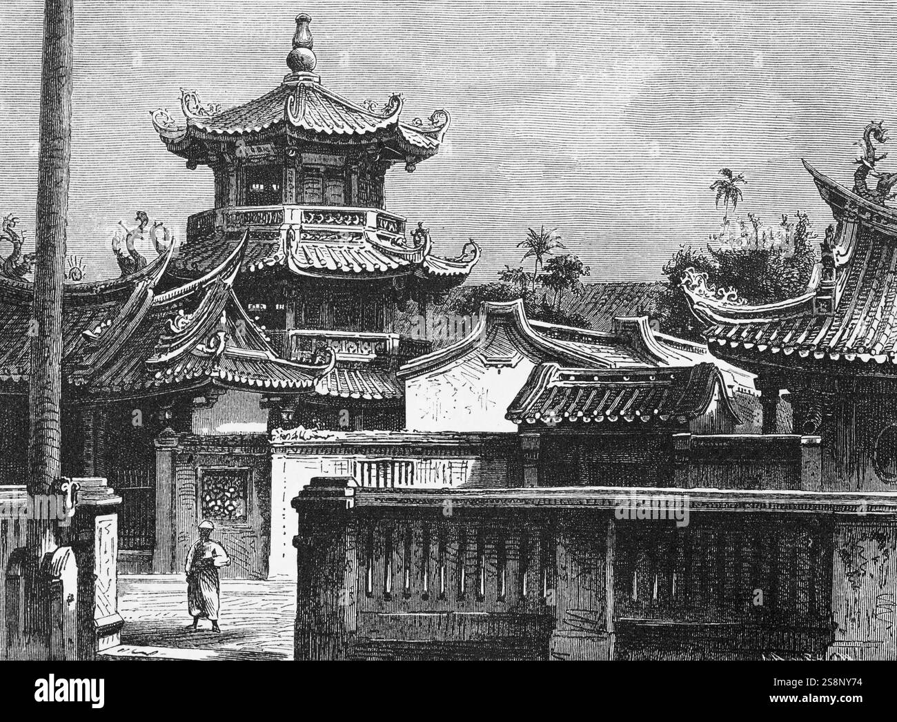Tor eines chinesischen Tempelkomplexes, Ornamente, hervorstehendes Dach, Tierfiguren, Drachen, reisen in Asien, China, historische Illustration 1887 Stockfoto