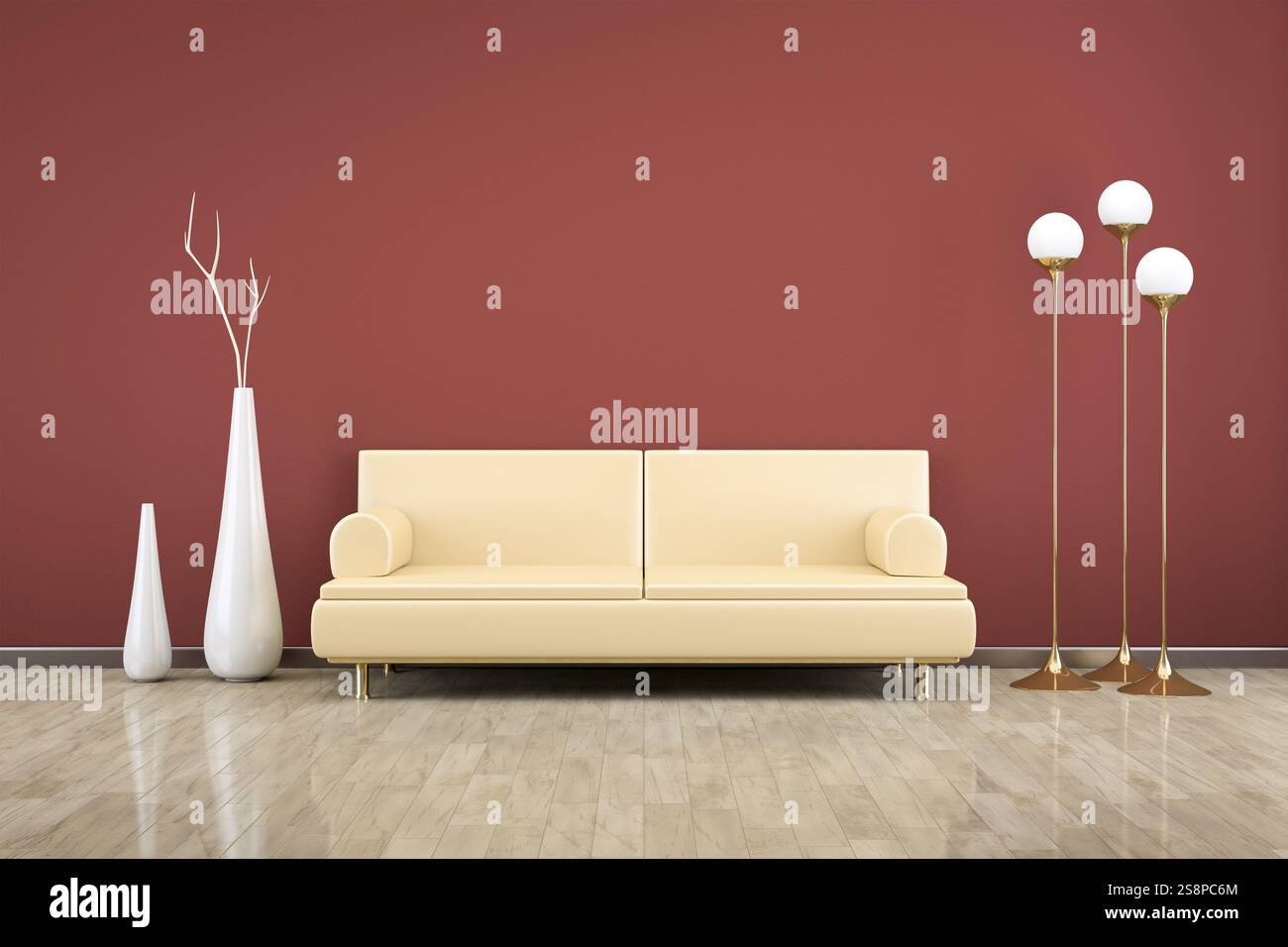 3D-Rendering eines roten Raumes mit Sofa Stockfoto