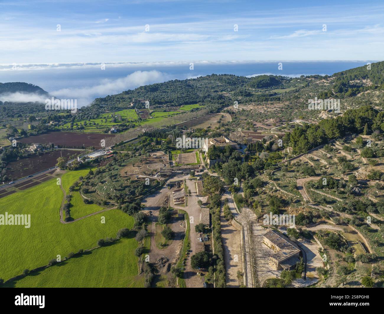Luftaufnahme, Spanien, Balearen, Mallorca, Valldemossa, Agrareigentum, Europa Stockfoto