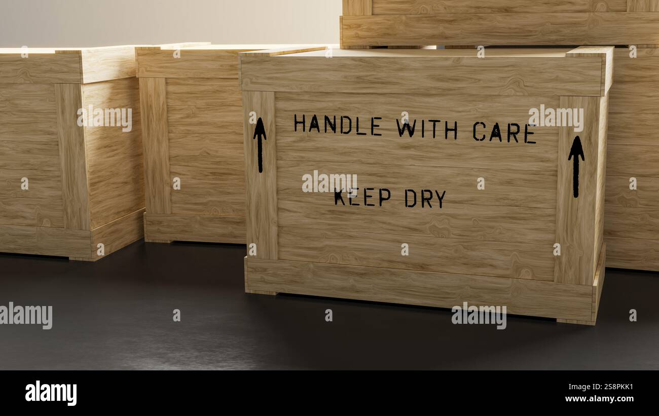 Eine Kiste mit Holzfracht 3D-Illustration Stockfoto
