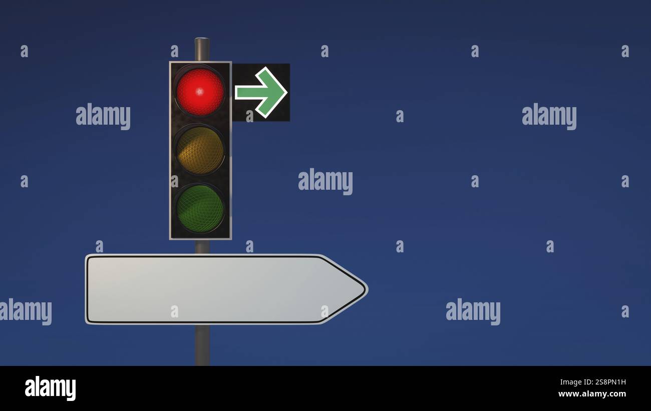 Ampel wird rot mit Pfeilen und Platz für Text angezeigt. 3D Abbildung Stockfoto