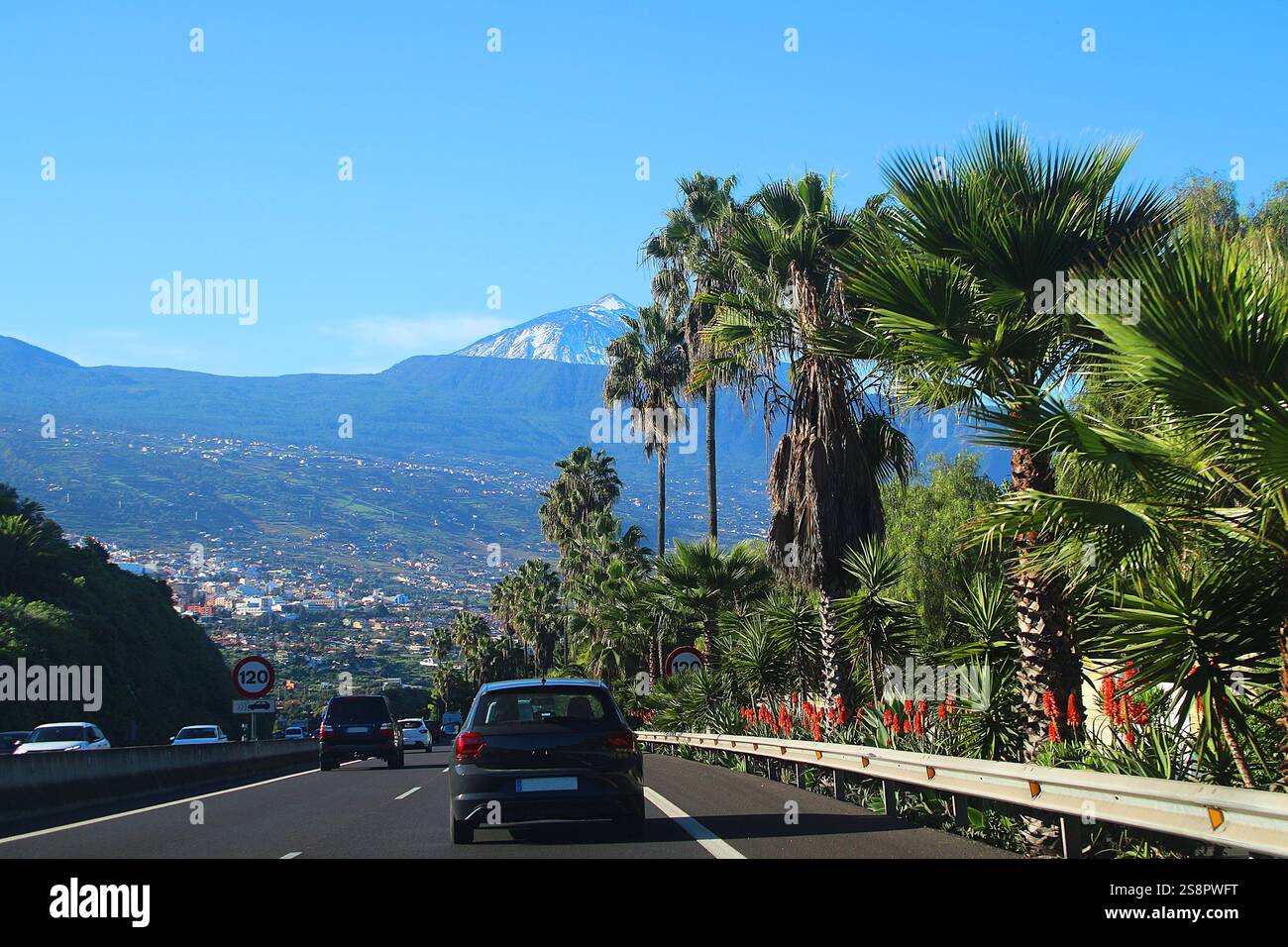 Die Autobahn TF-5 zu Puerto del la Cruz mit Blick auf den schneebedeckten Vulkan Teide und Palmen und Aloe am Straßenrand (Teneriffa, Spanien) Stockfoto